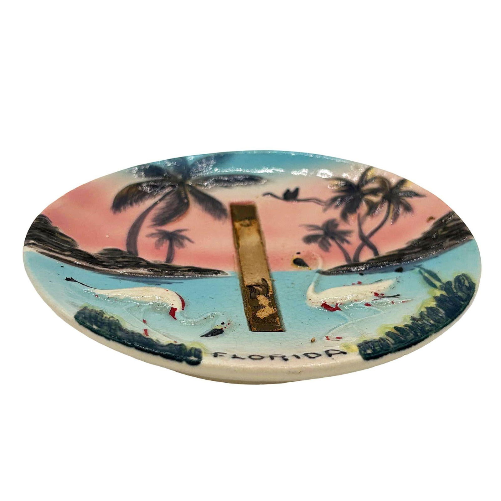 Mid-century Florida Flamingo Round Decrotive 3d Sculptural Wall Plate - 9