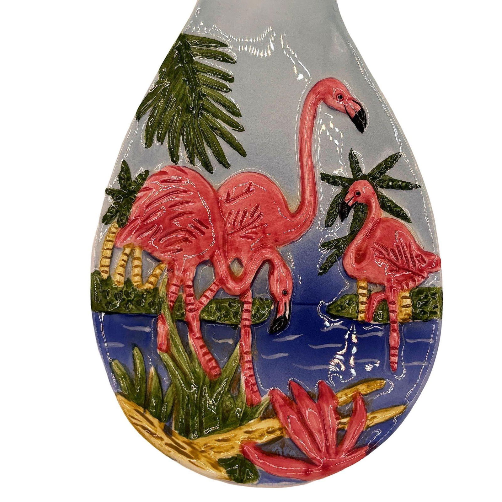 Mid-century Hand Painted 3d Flamingo on a Tropical Beach Themed Spoon Rest - 11