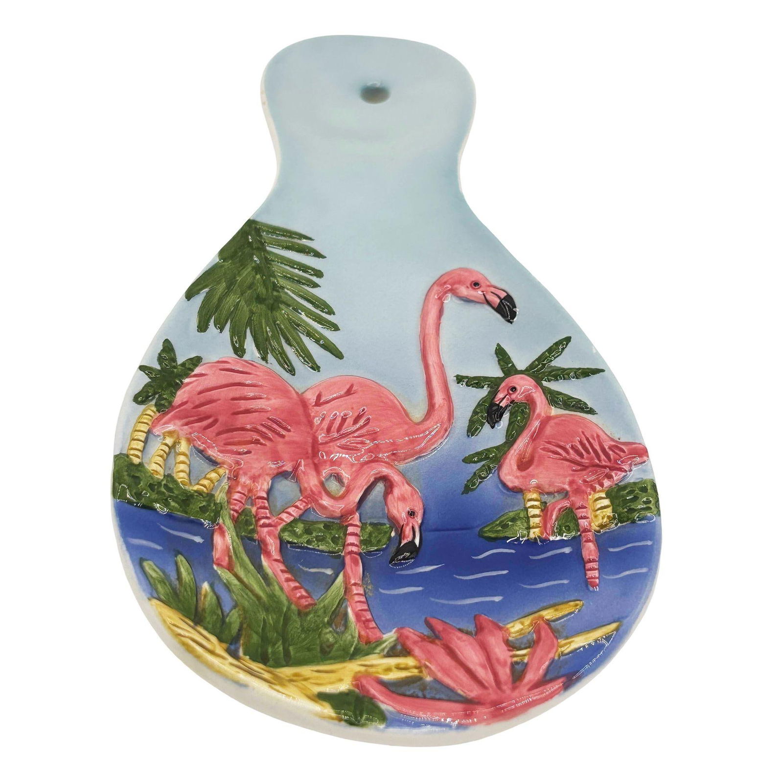 Mid-century Hand Painted 3d Flamingo on a Tropical Beach Themed Spoon Rest - 2