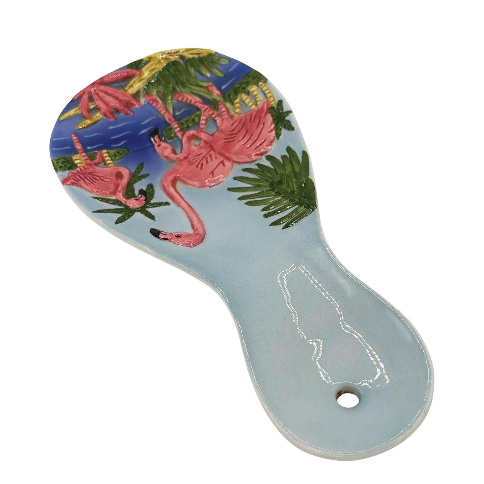 Mid-century Hand Painted 3d Flamingo on a Tropical Beach Themed Spoon Rest - 4