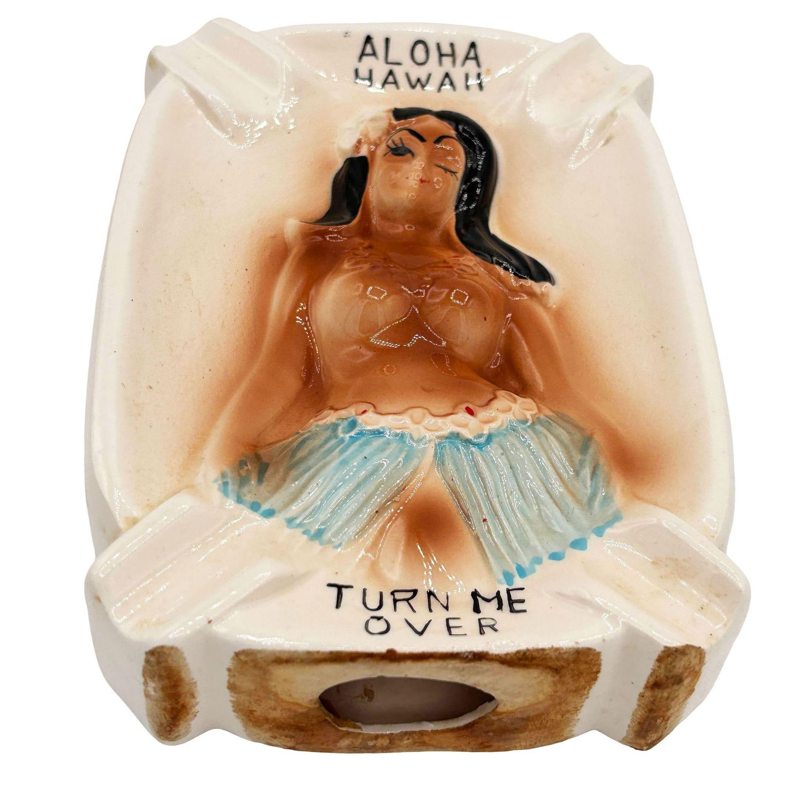 1950 Double Sided Ashtray Hawaiian "Turn Me Over" Cheeky Hula Girl Ashtray - 4
