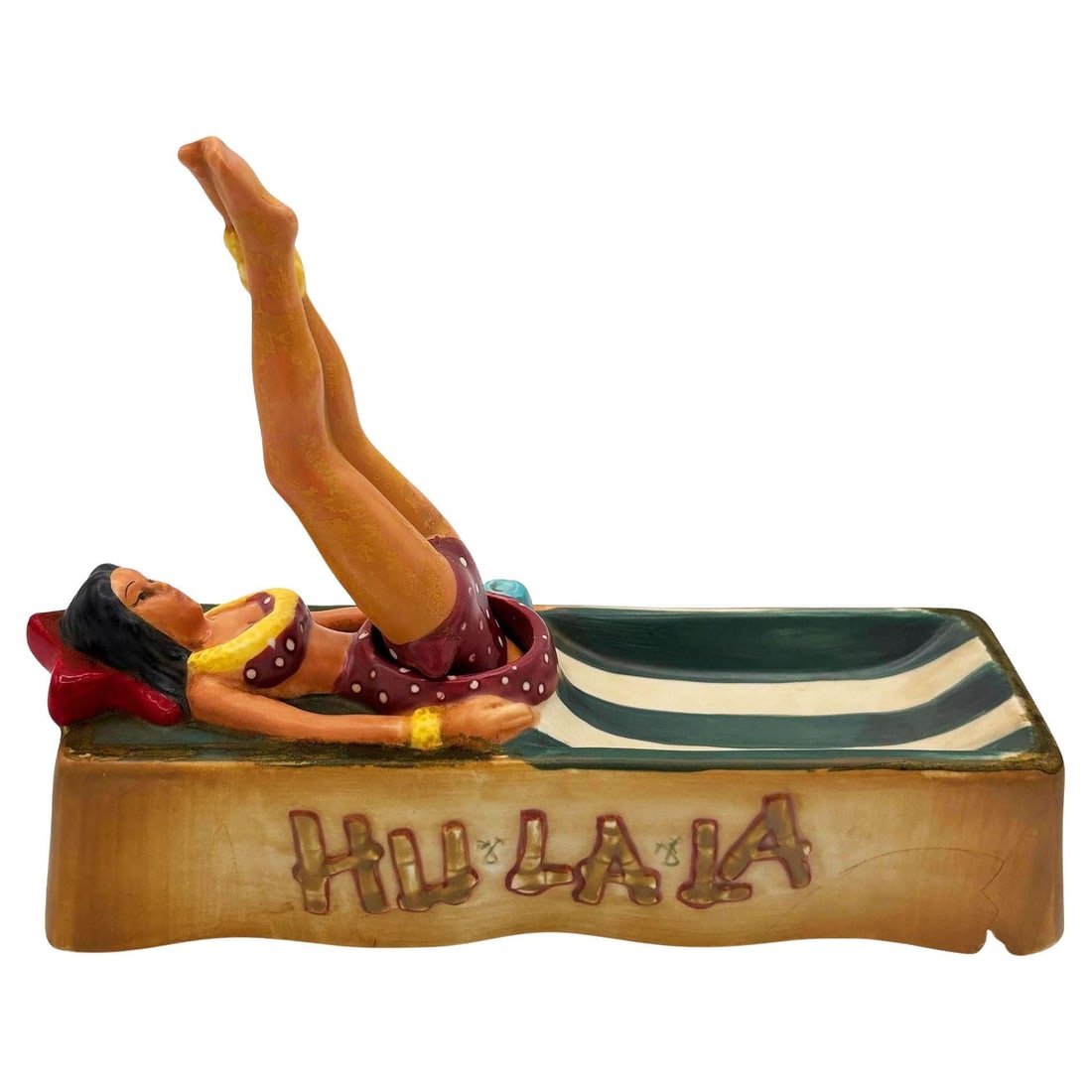 Rare Mid-century Hand Painted "Hu La La" Hula Girl Hawaiian Ceramic Ashtray - 2