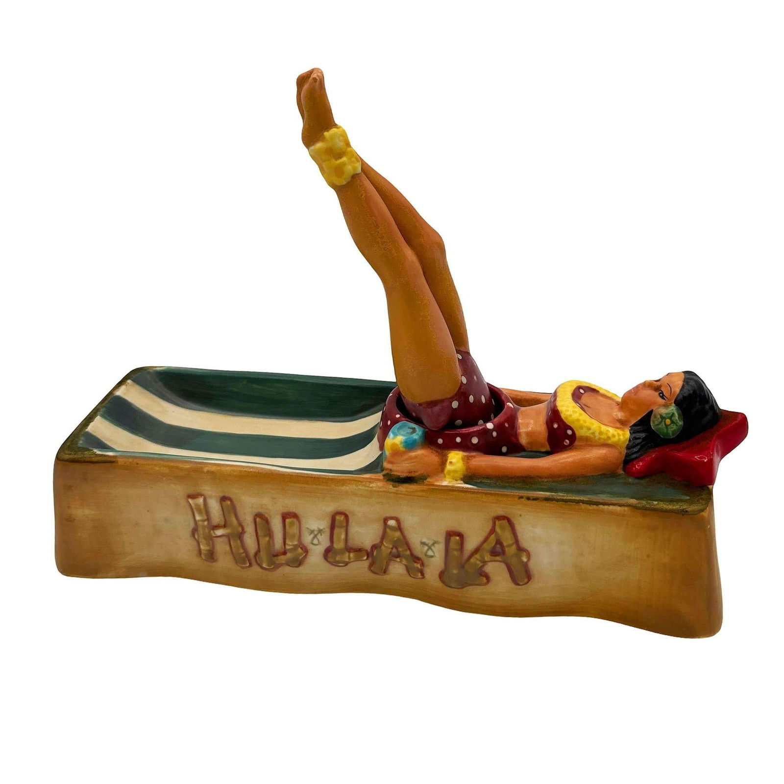 Rare Mid-century Hand Painted "Hu La La" Hula Girl Hawaiian Ceramic Ashtray - 4
