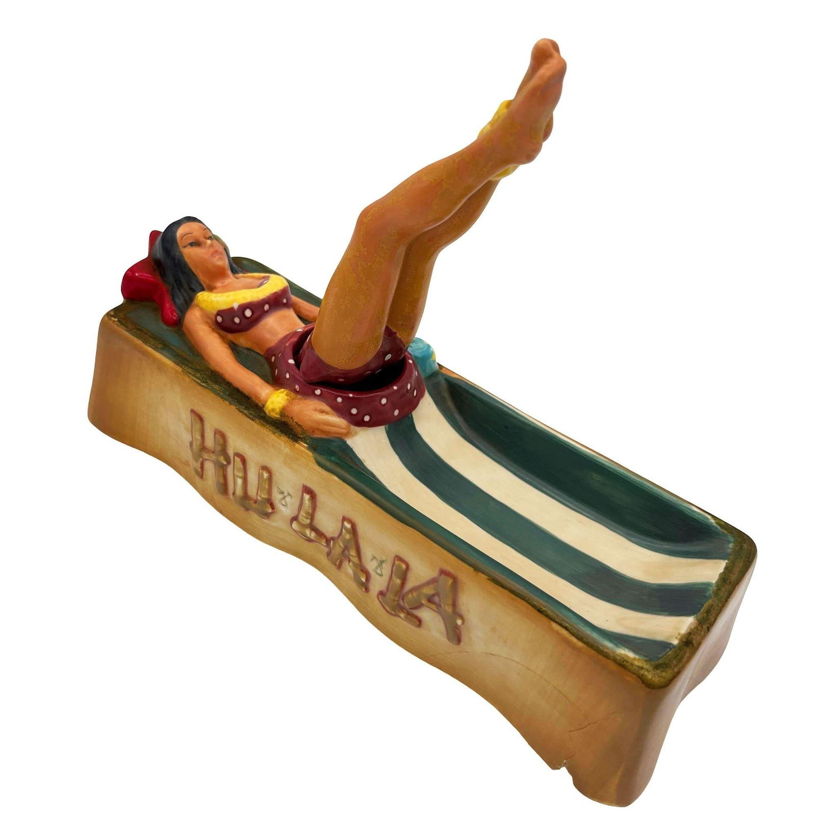 Rare Mid-century Hand Painted "Hu La La" Hula Girl Hawaiian Ceramic Ashtray - 5
