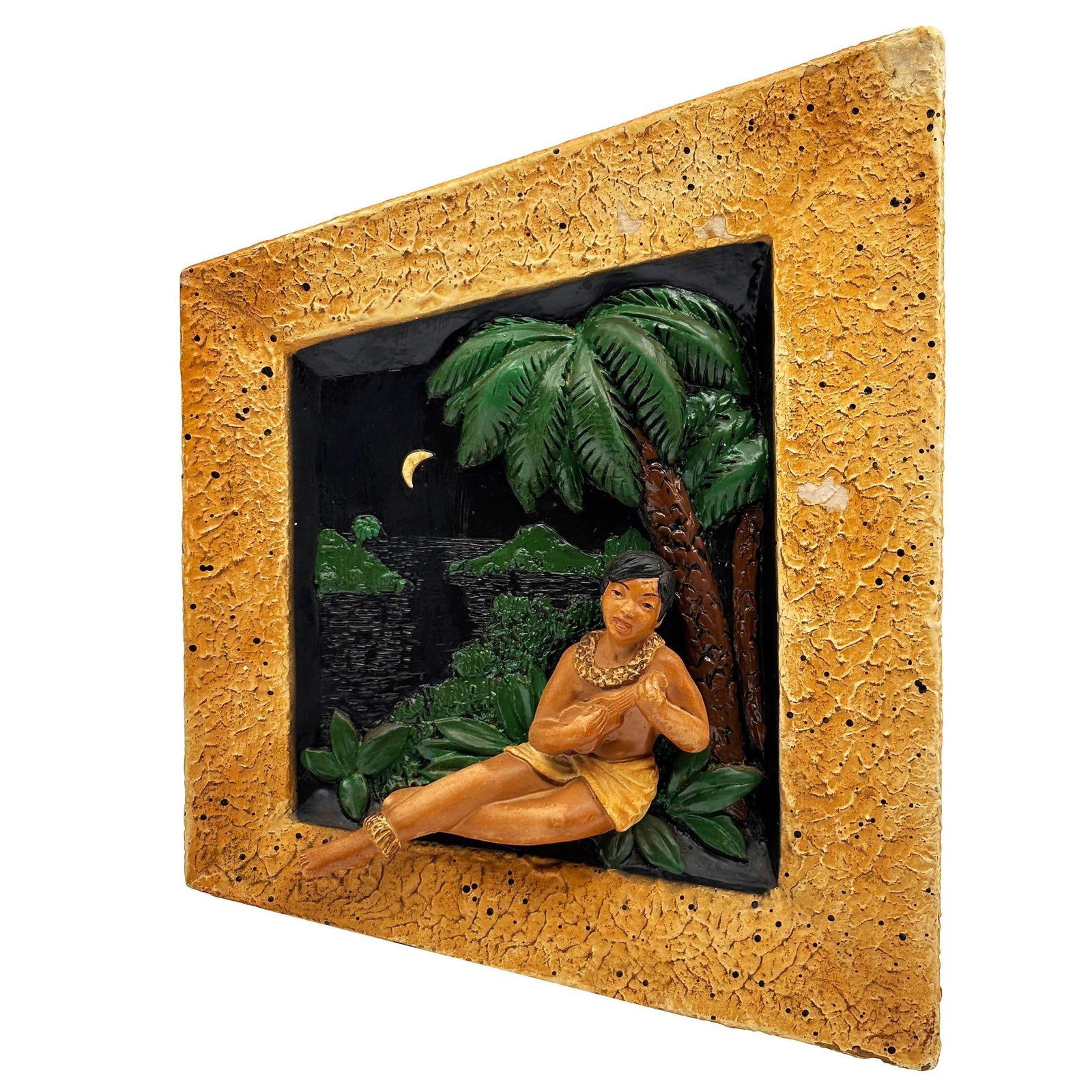 Rare MCM Tropical Hula Girl & Ukulele Boy Art Pottery 3D Wall Sculptural, Pair - 14