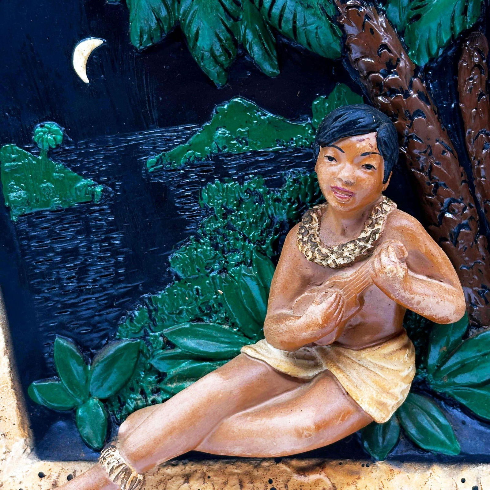 Rare MCM Tropical Hula Girl & Ukulele Boy Art Pottery 3D Wall Sculptural, Pair - 2