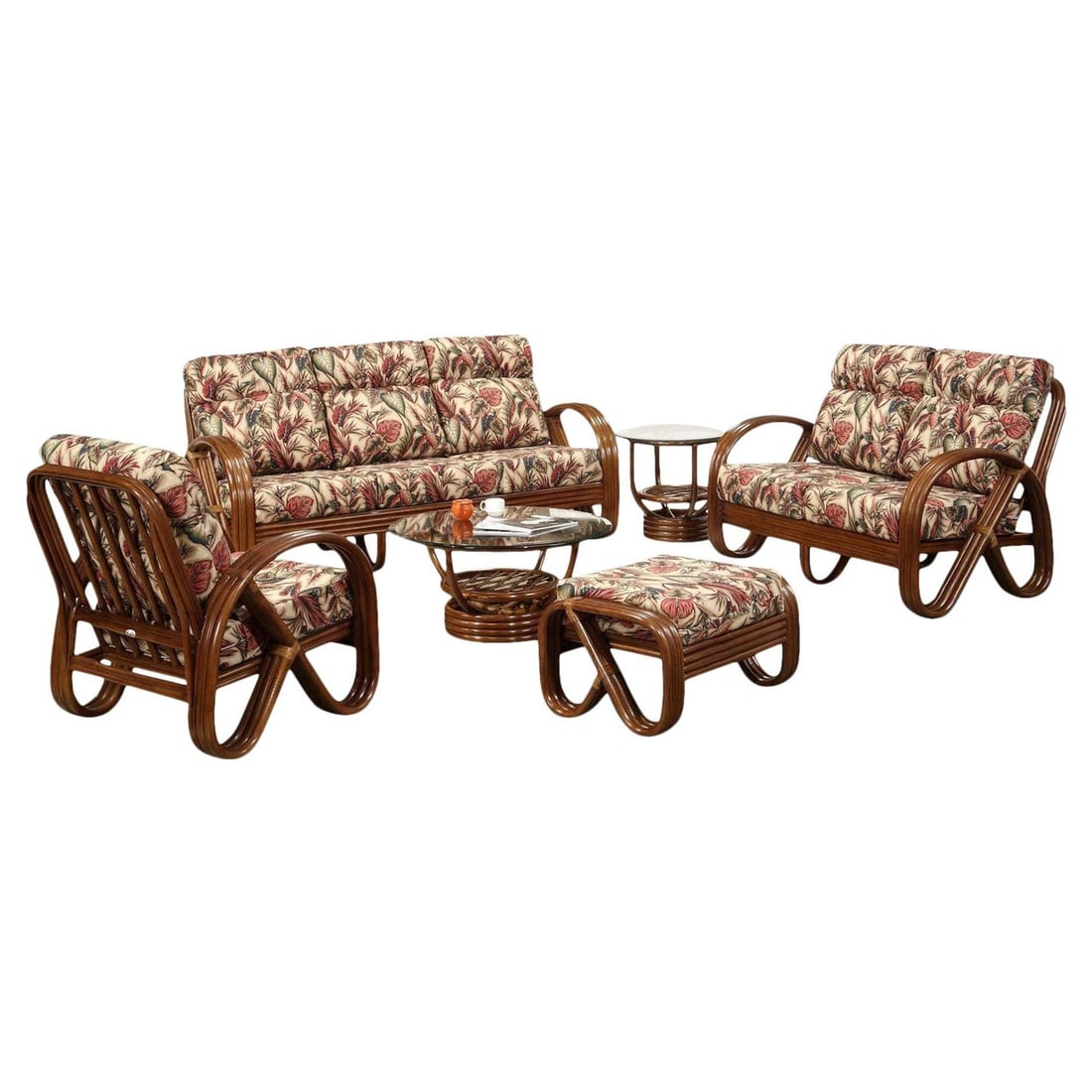 Modernist 3-Strand 3/4 Pretzel "Kauai" Rattan Living Room Set, 6 Pieces: Title: Modernist 3-Strand 3/4 Pretzel "Kauai" Rattan Living Room Set, 6 Pieces Description: New Old stock 3-strand 3/4 pretzel six-piece living room set featuring “Kauai“ designs chair