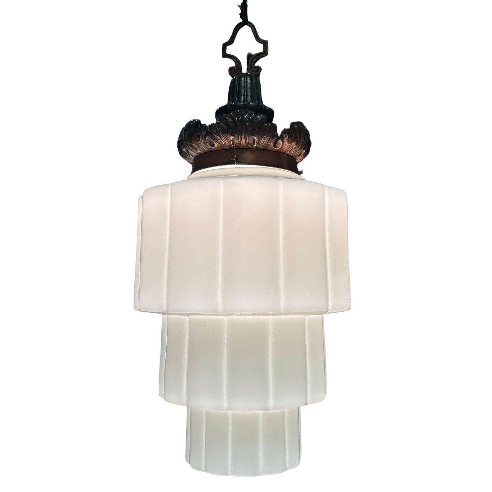 Art Deco Era Ornate Brass Pendant Light w/ Stepped Milk Glass Skyscraper Shade - 12