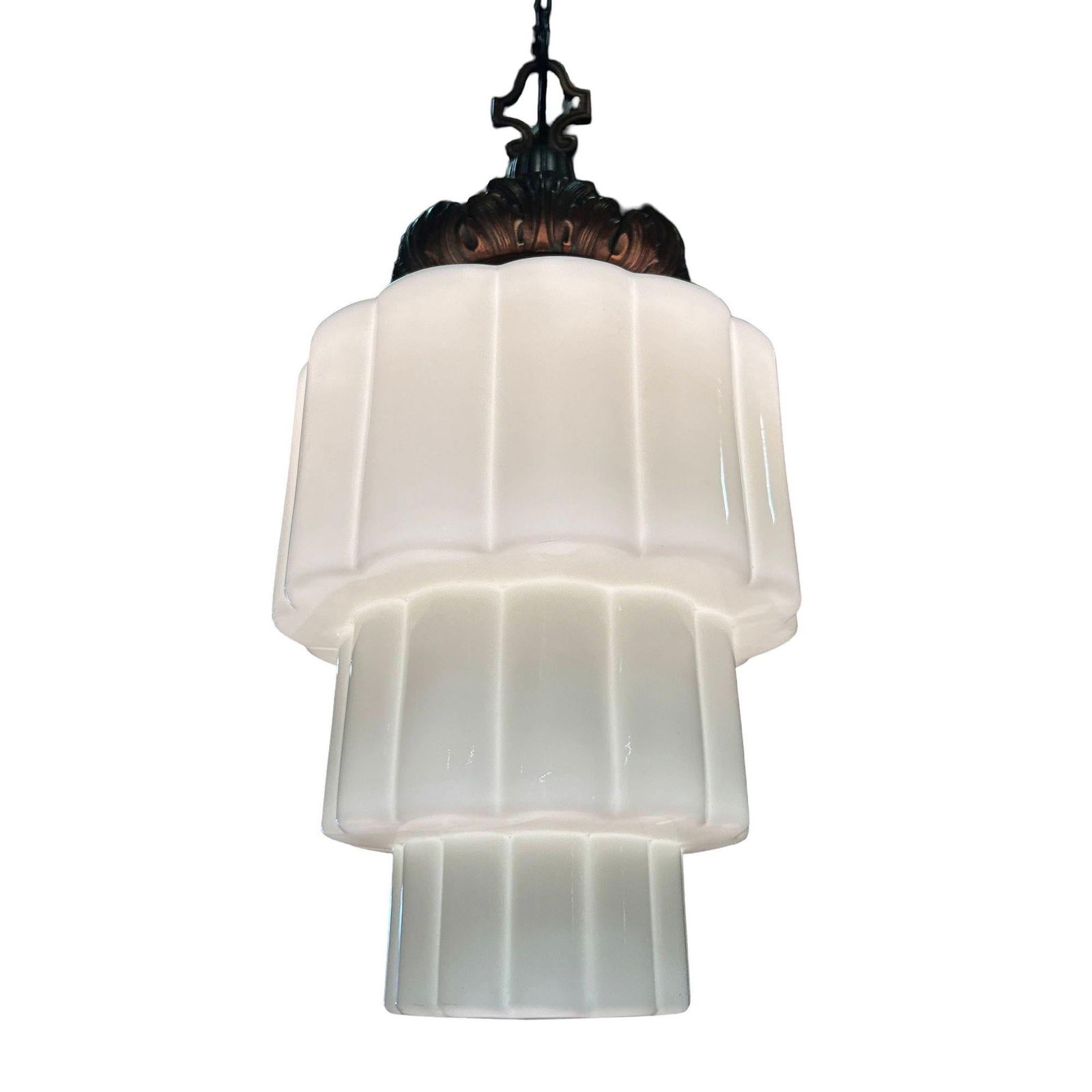 Art Deco Era Ornate Brass Pendant Light w/ Stepped Milk Glass Skyscraper Shade - 17