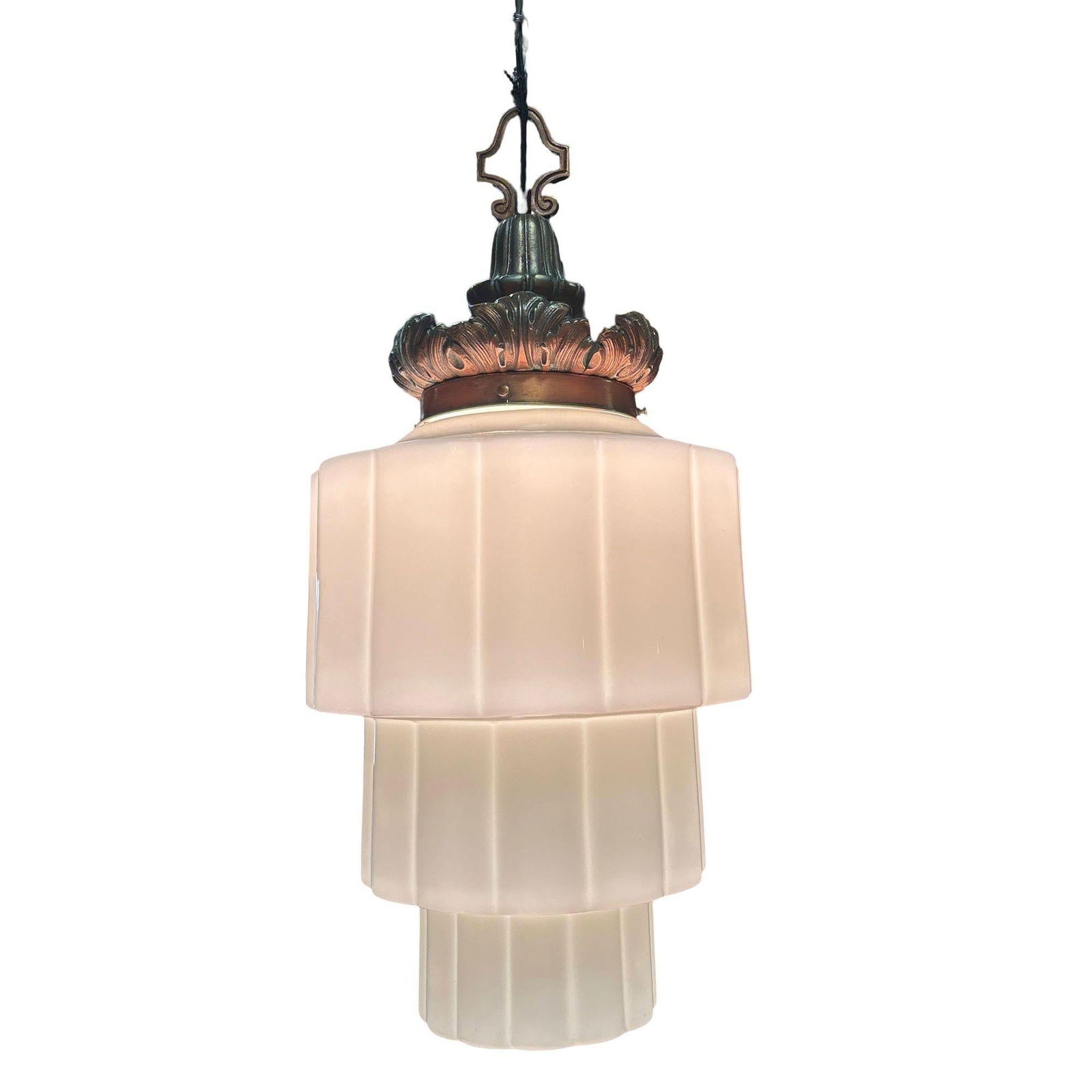 Art Deco Era Ornate Brass Pendant Light w/ Stepped Milk Glass Skyscraper Shade - 8