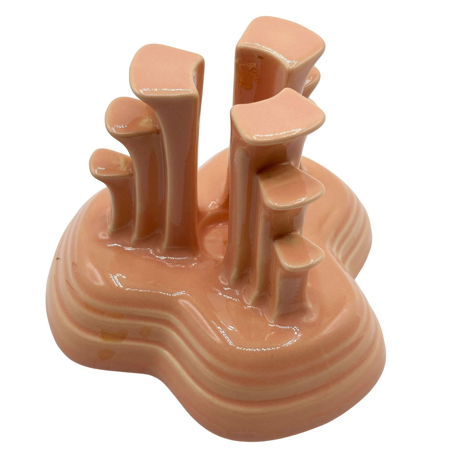 Art Deco Apricot Peach Tripod Pyramid Candleholder by Fiesta Ware, Pair - 12