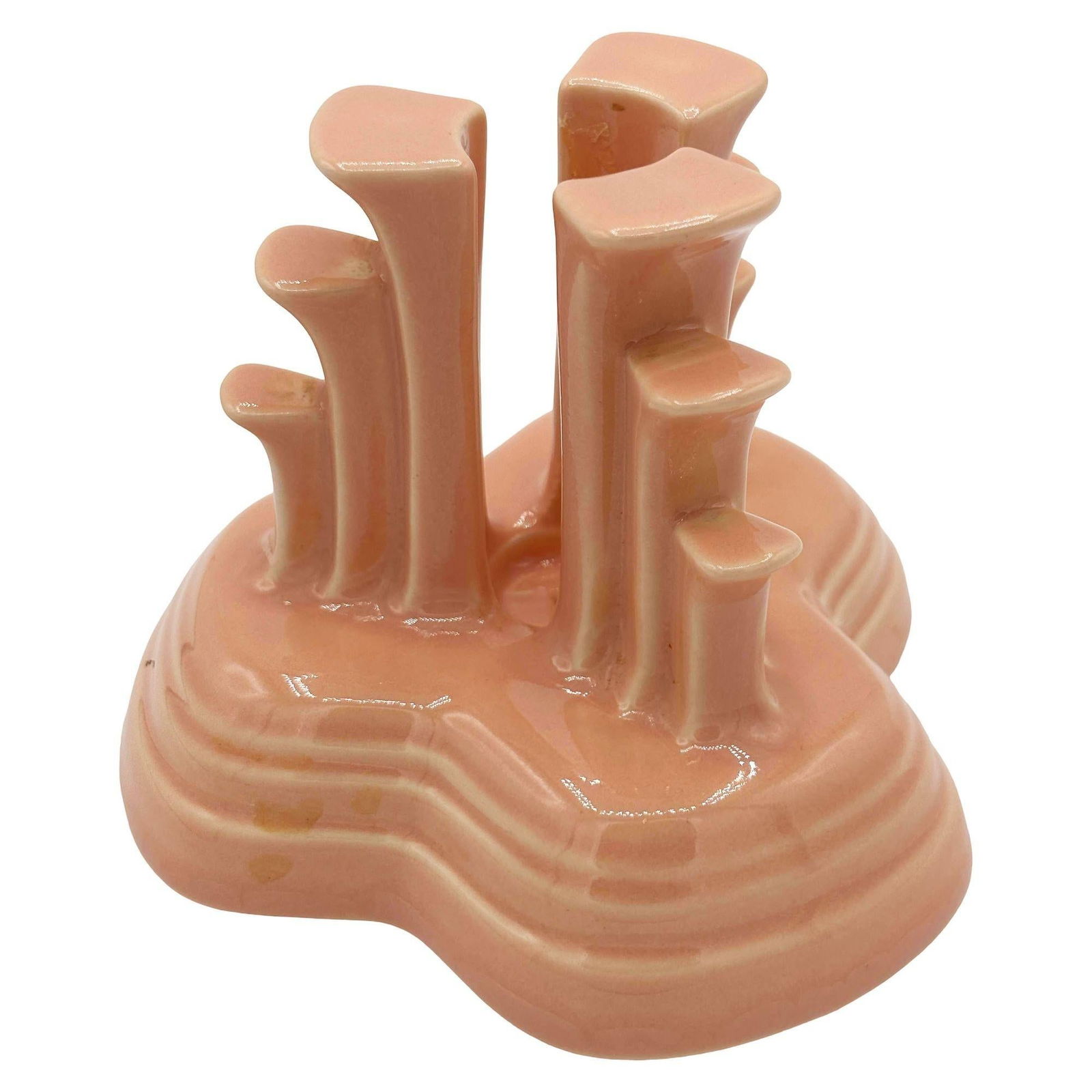 Art Deco Apricot Peach Tripod Pyramid Candleholder by Fiesta Ware, Pair - 3