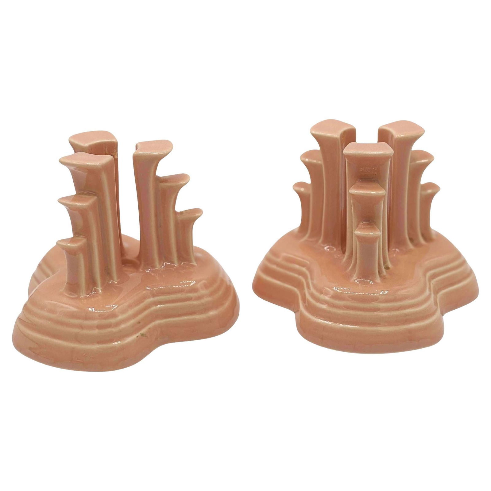 Art Deco Apricot Peach Tripod Pyramid Candleholder by Fiesta Ware, Pair - 7