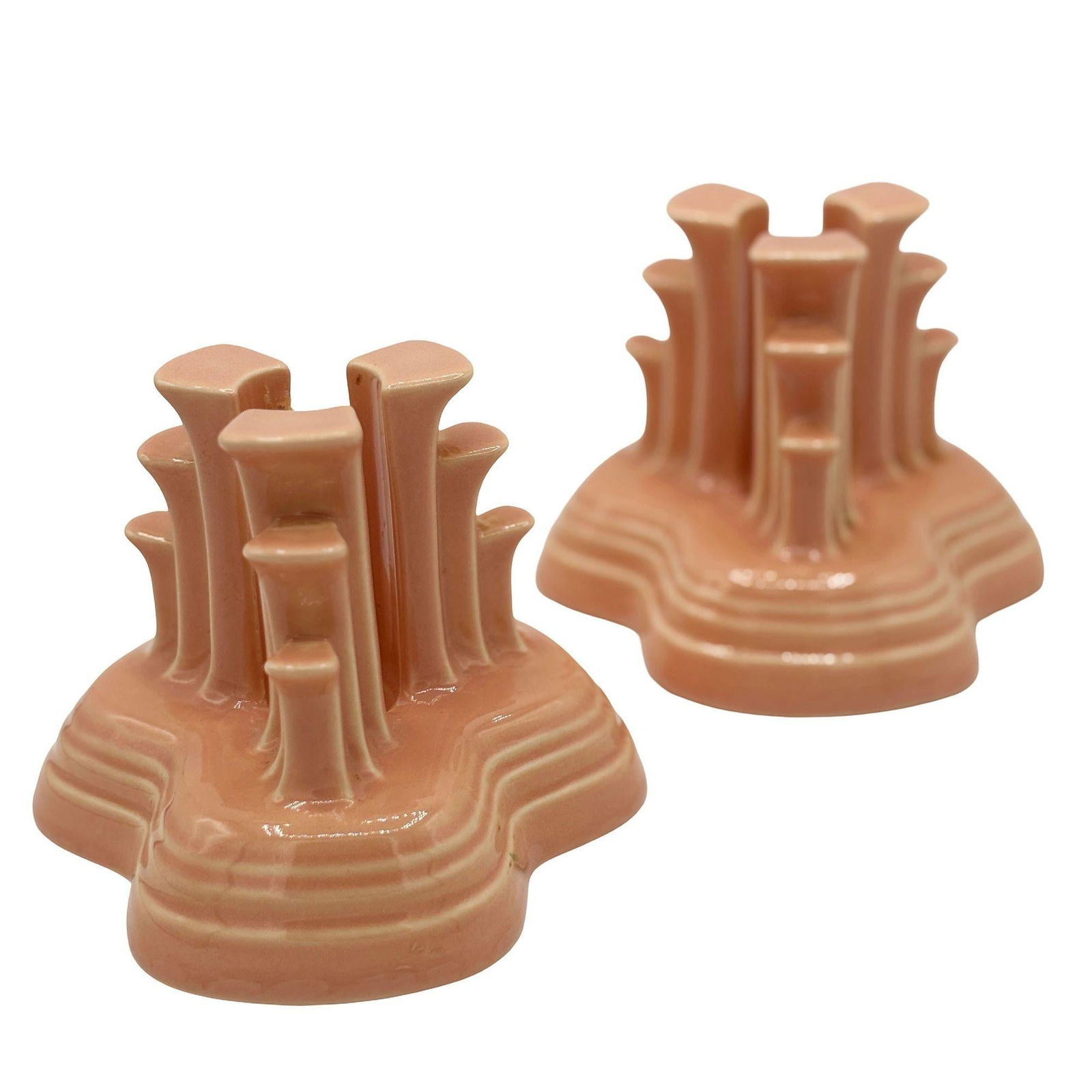 Art Deco Apricot Peach Tripod Pyramid Candleholder by Fiesta Ware, Pair - 8