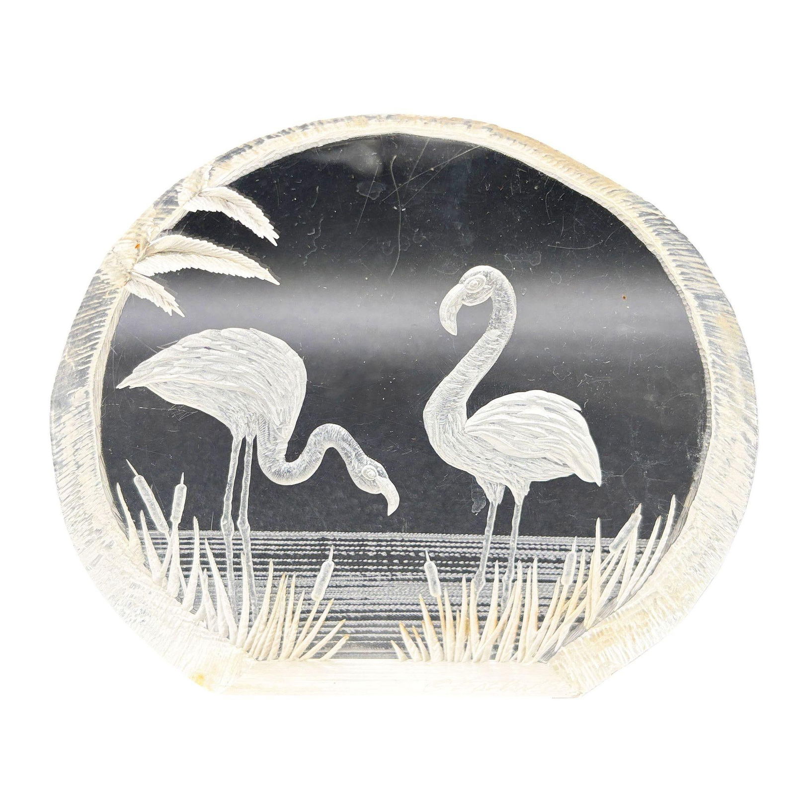 Modern Flamingos In Water Round Reverse Carved Lucite Paperweight Sculpture - 13