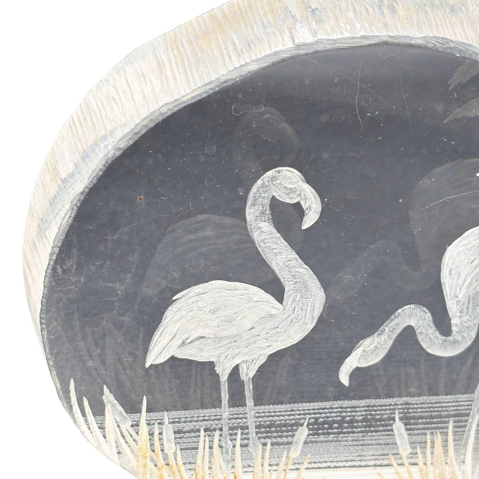 Modern Flamingos In Water Round Reverse Carved Lucite Paperweight Sculpture - 5