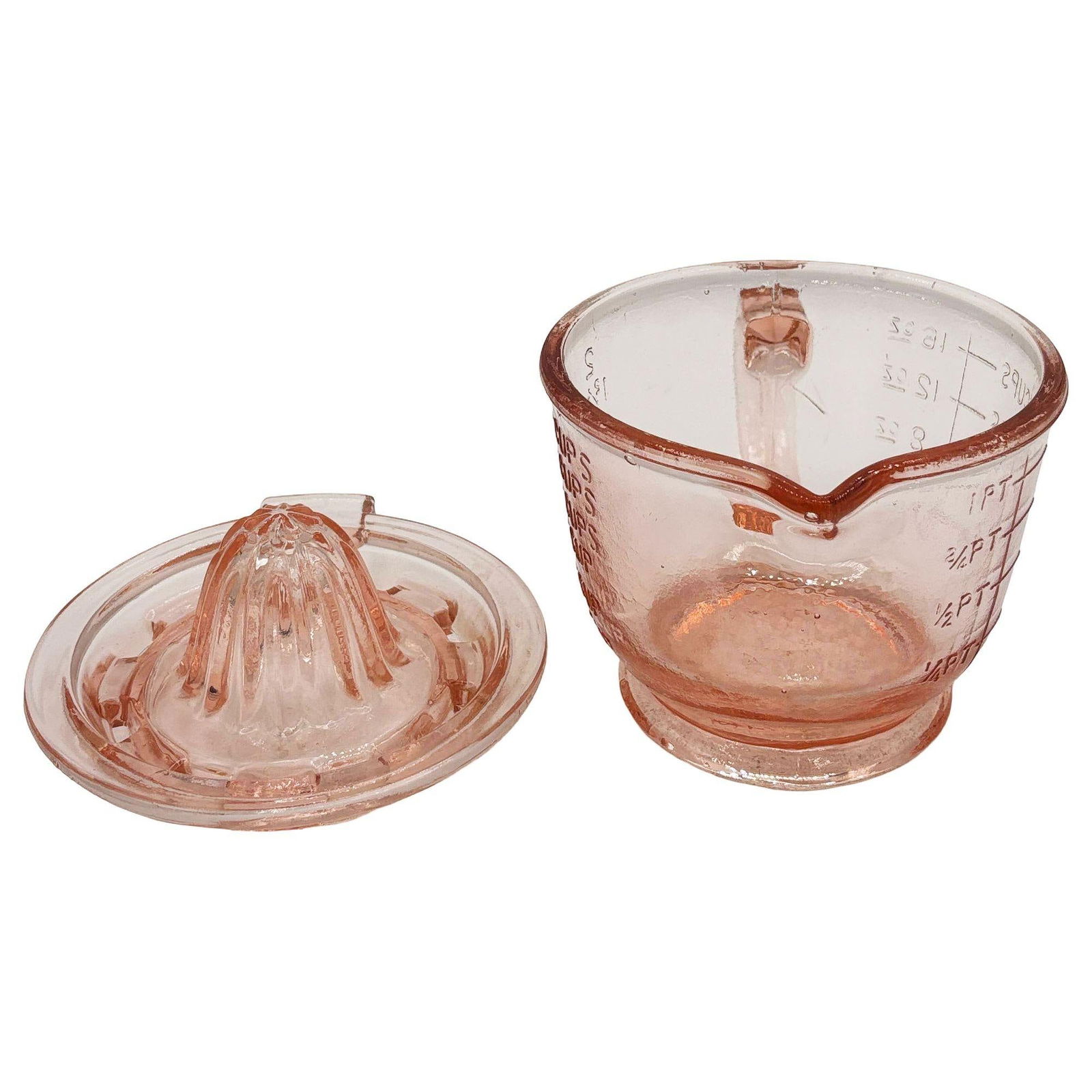 Mid-century Pink Hazel Glass 2 Cup Bar Measuring Pitcher & Reamer by AND - 3