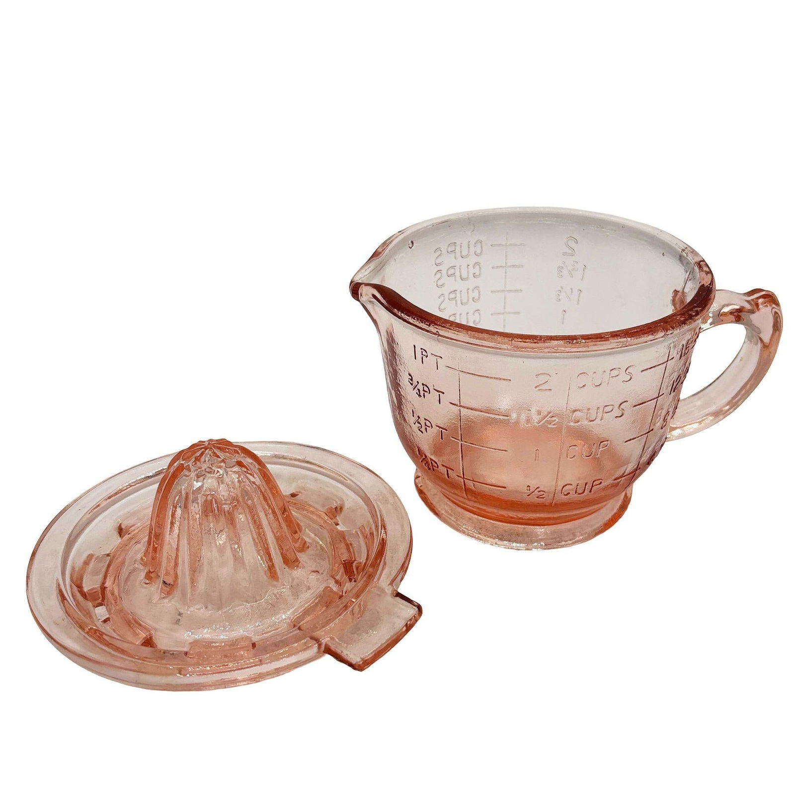 Mid-century Pink Hazel Glass 2 Cup Bar Measuring Pitcher & Reamer by AND - 4