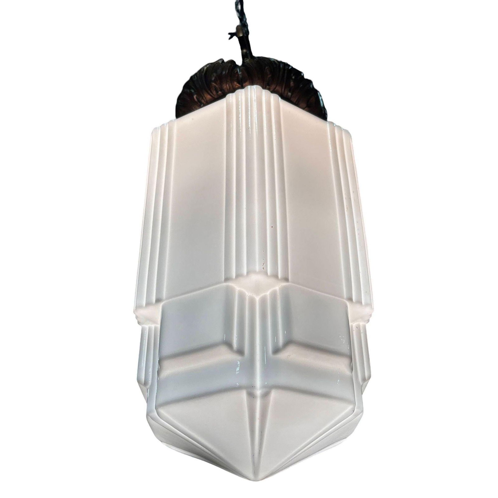 Art Deco Copper Acanthus Leaf Pendant Light w/ Skyscraper Milk Glass Shade - 12