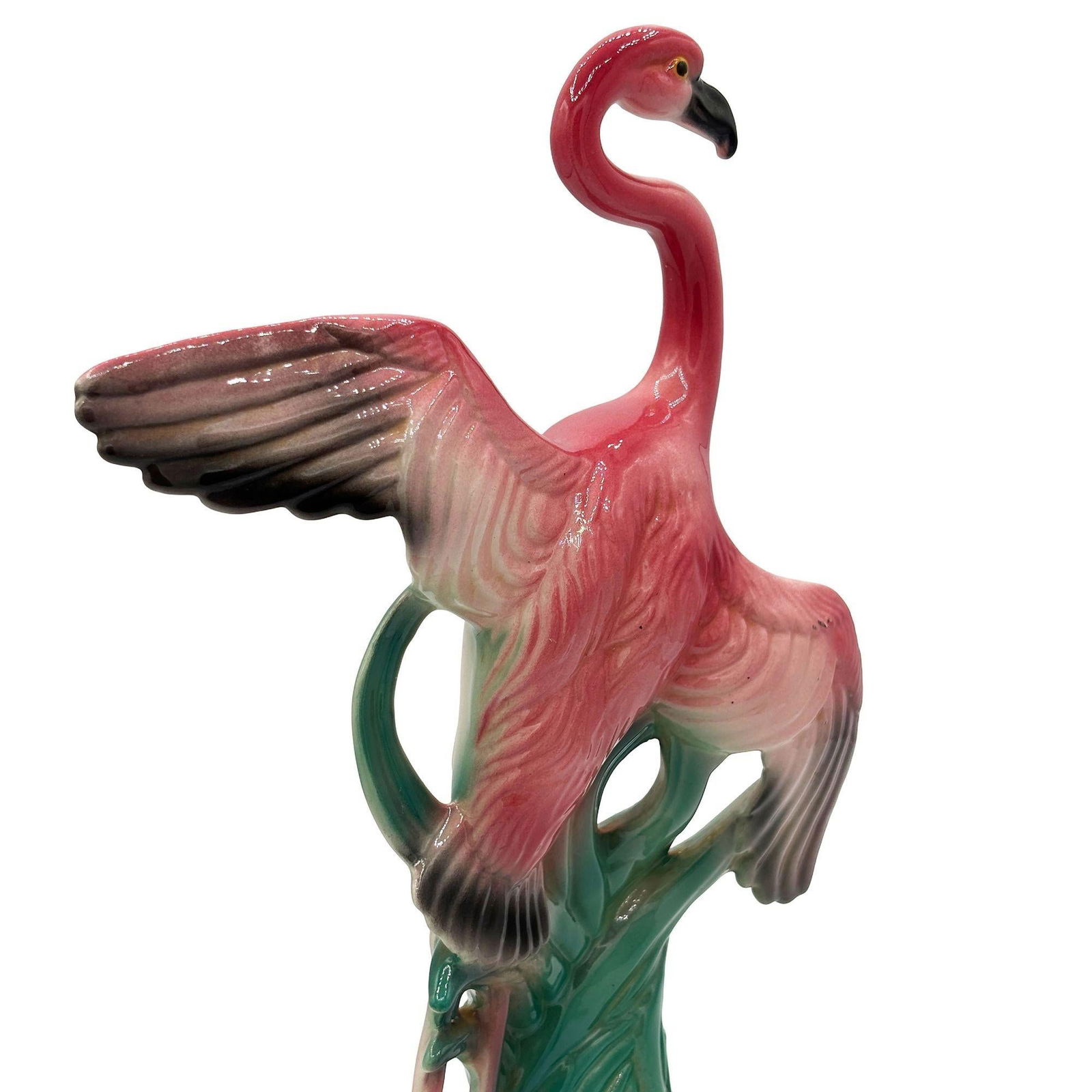 Mid-century 11" Tall Open Wing Pink Flamingo Ceramic Tabletop Statue, Pair - 11