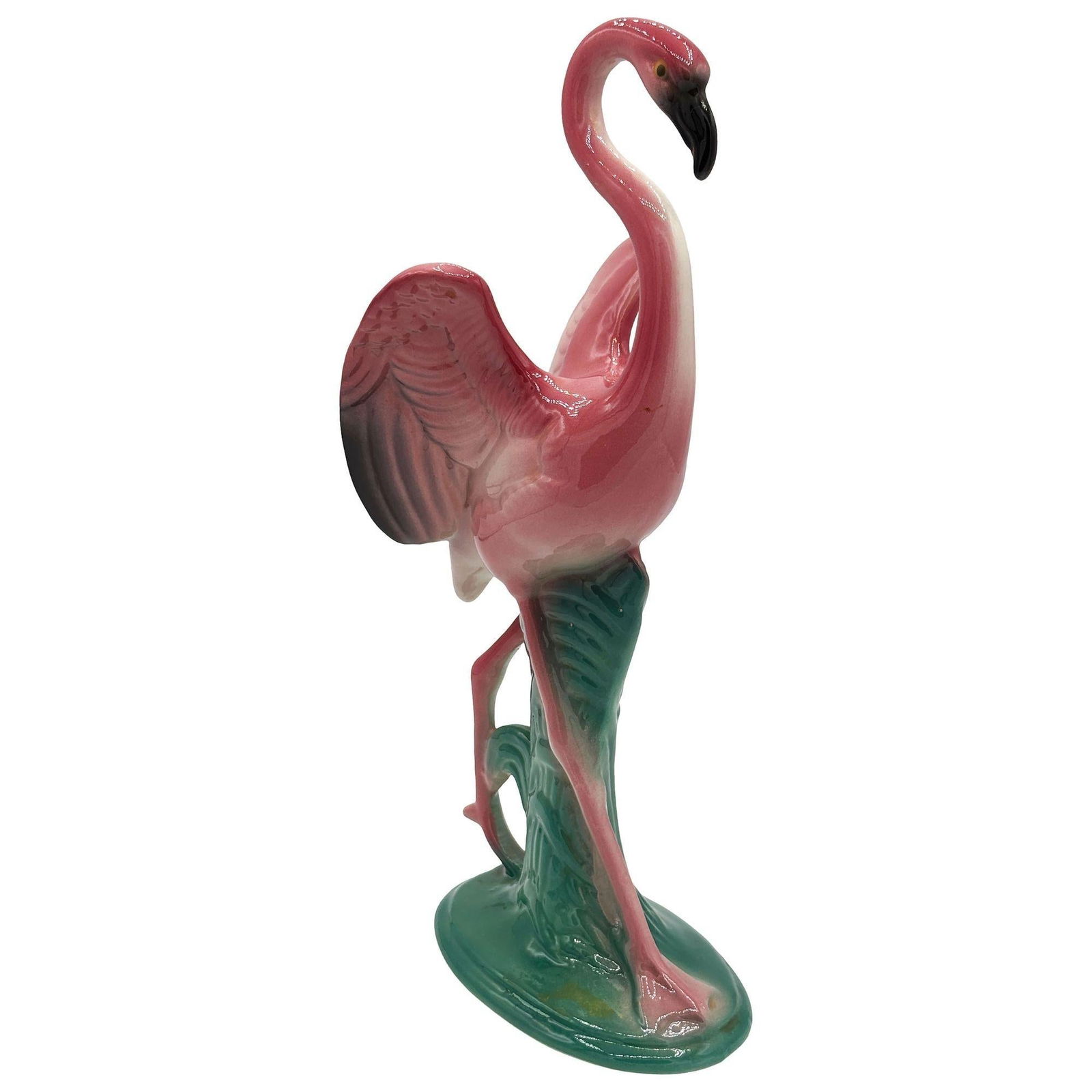 Mid-century 11" Tall Open Wing Pink Flamingo Ceramic Tabletop Statue, Pair - 16