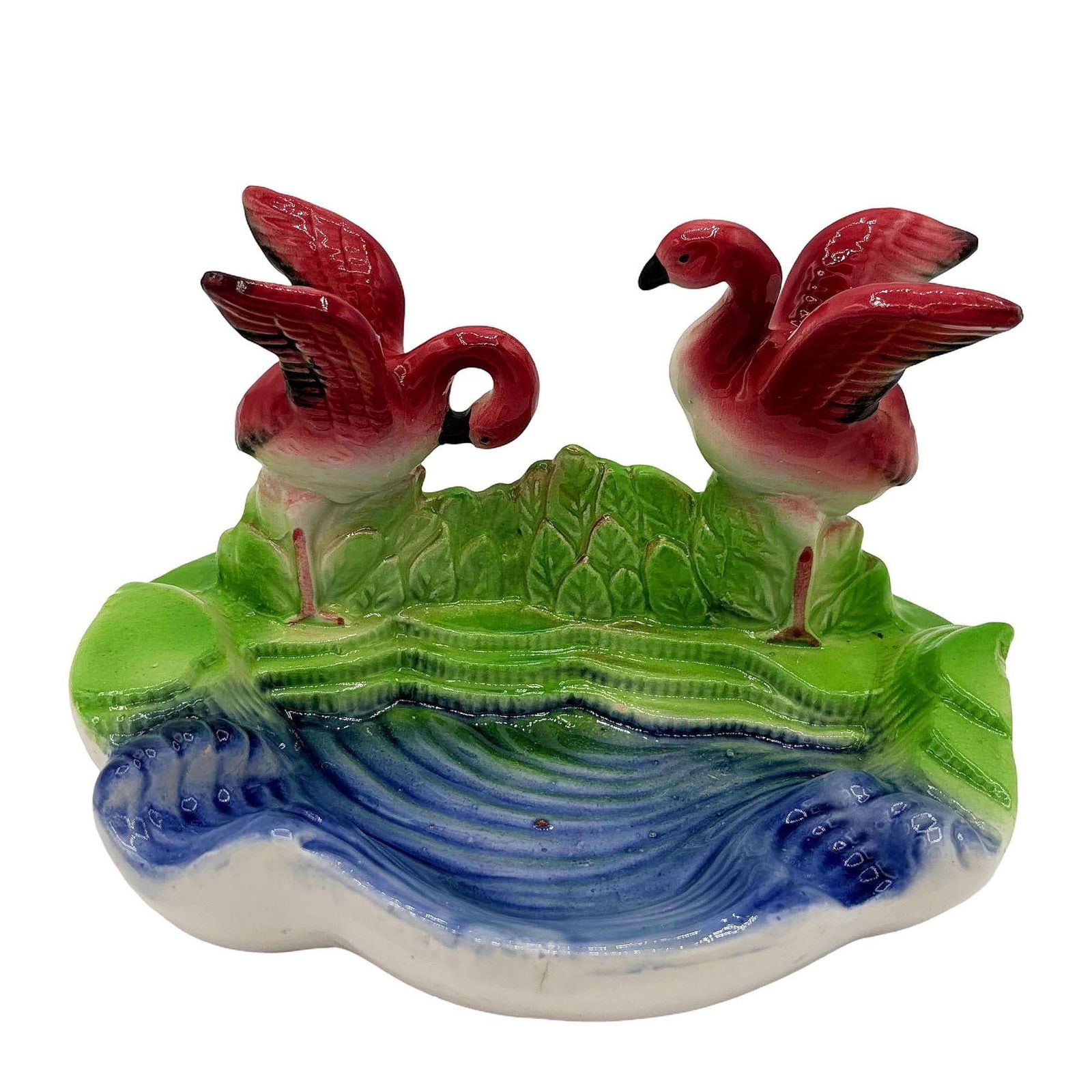 Mid-century Hand Painted Pink Flamingo couple in Pound Ceramic Scenic Sculpture - 2