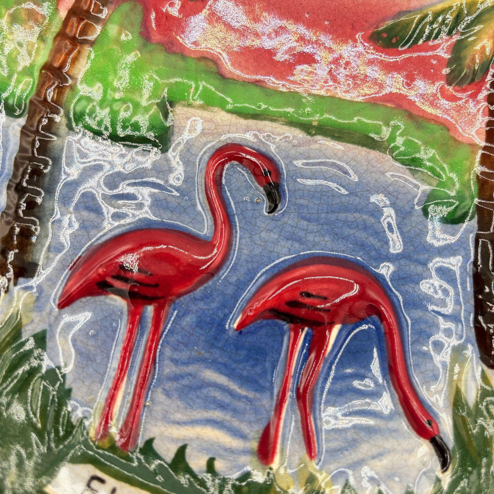 Mid-century Pottery Florida Beach Pink Flamingo Round Decrotive Wall Plate - 4