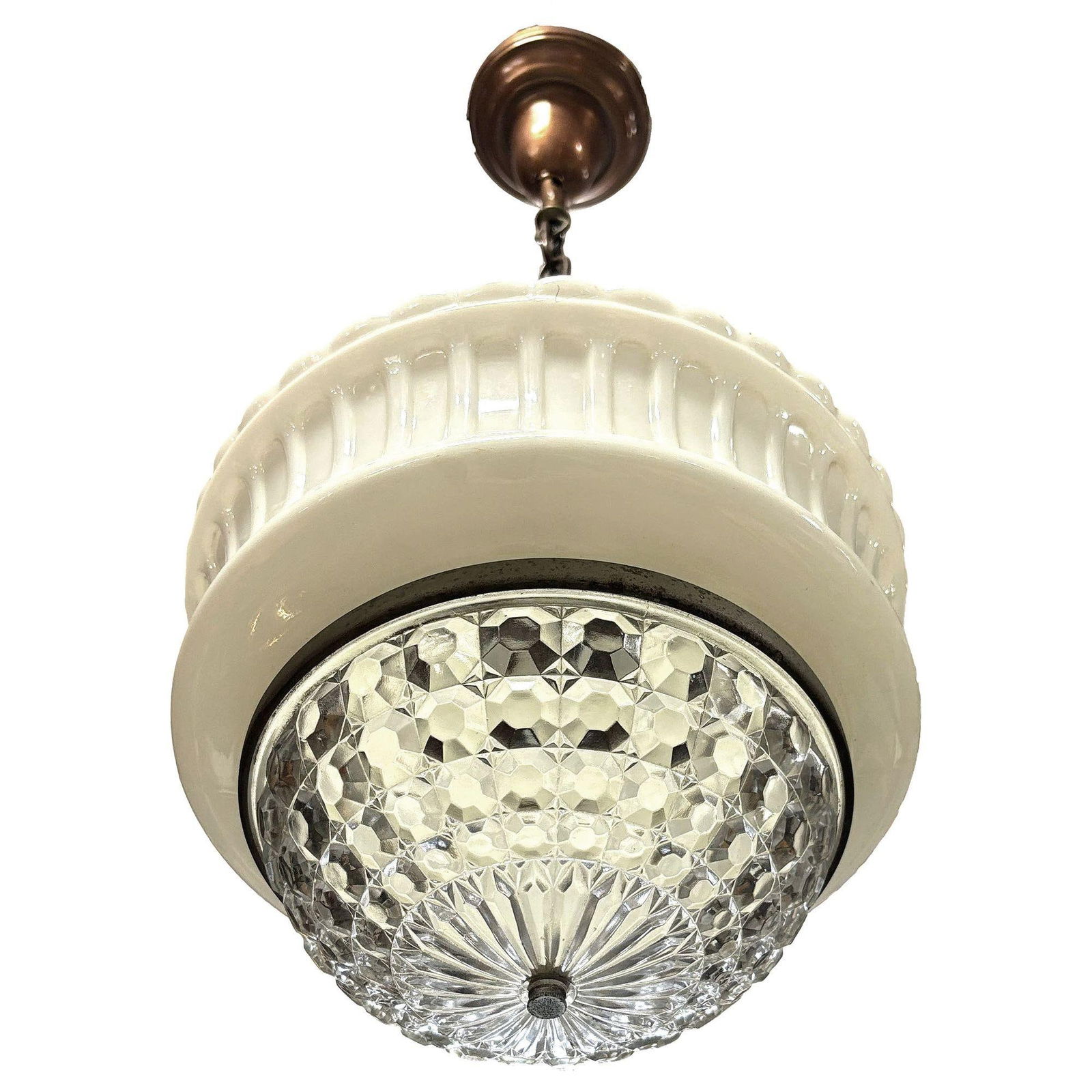 Art Deco Copper Acanthus Leaf Pendant Light w/ Crystal & Milk Glass Acorn Shade - 16