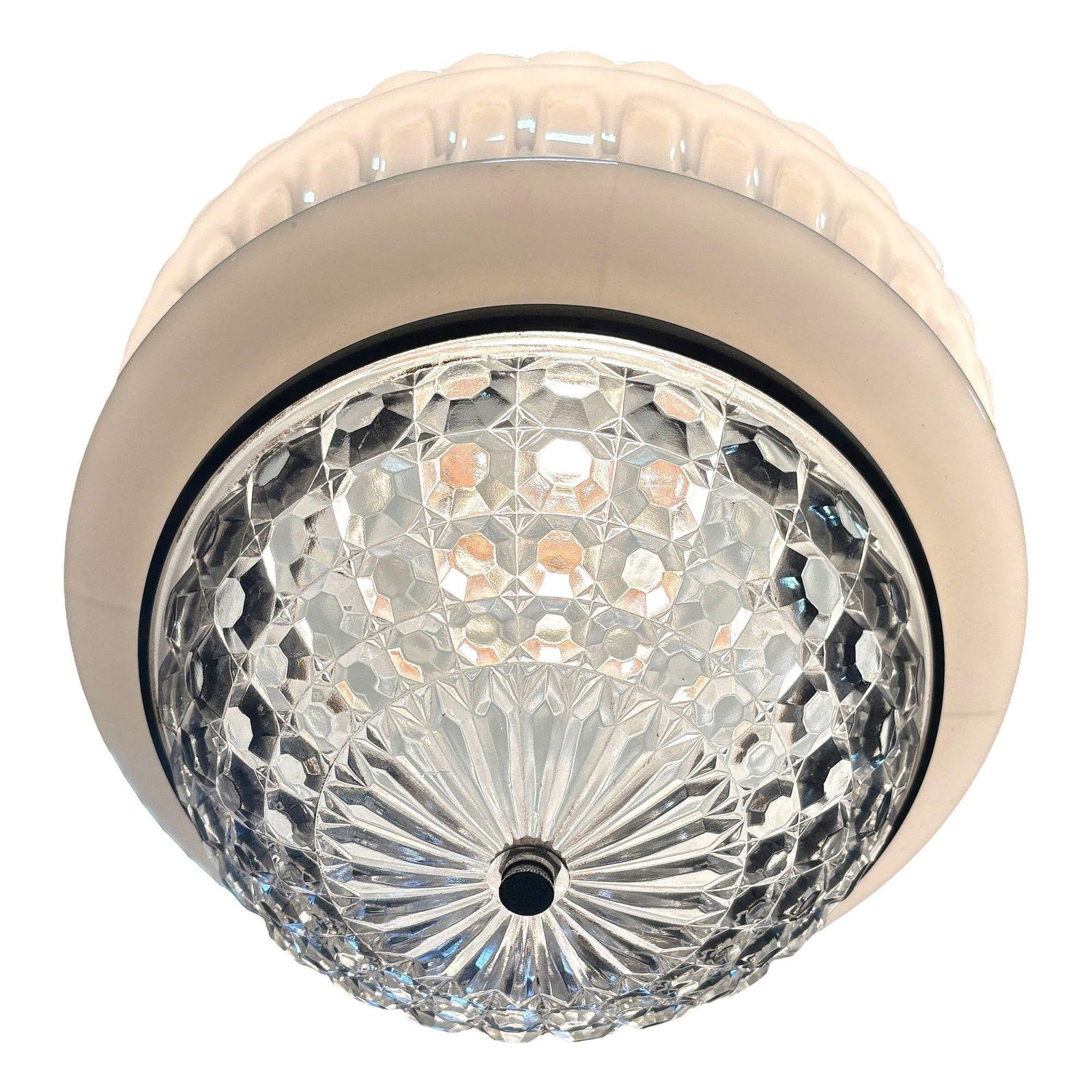 Art Deco Copper Acanthus Leaf Pendant Light w/ Crystal & Milk Glass Acorn Shade - 17