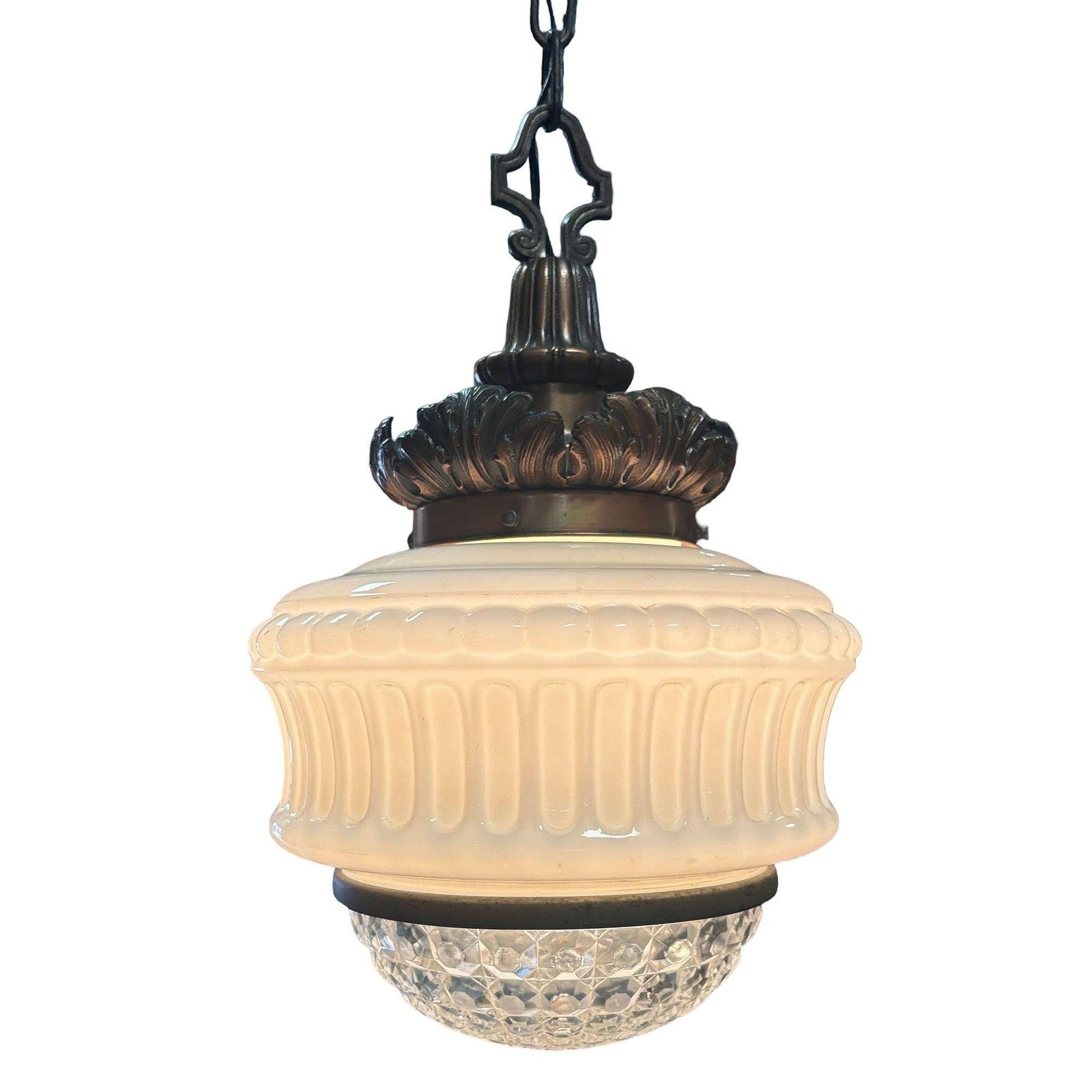 Art Deco Copper Acanthus Leaf Pendant Light w/ Crystal & Milk Glass Acorn Shade - 2