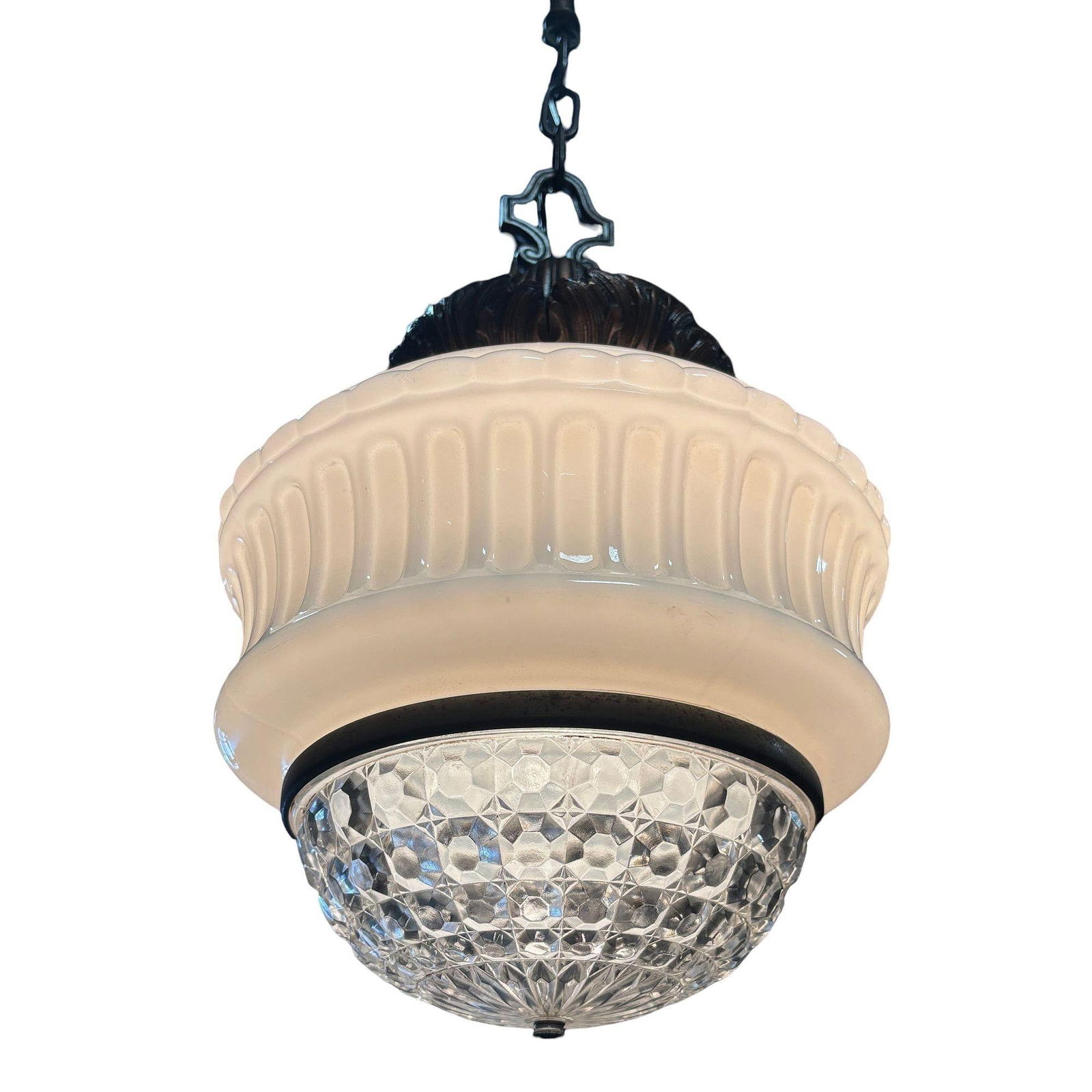 Art Deco Copper Acanthus Leaf Pendant Light w/ Crystal & Milk Glass Acorn Shade - 3