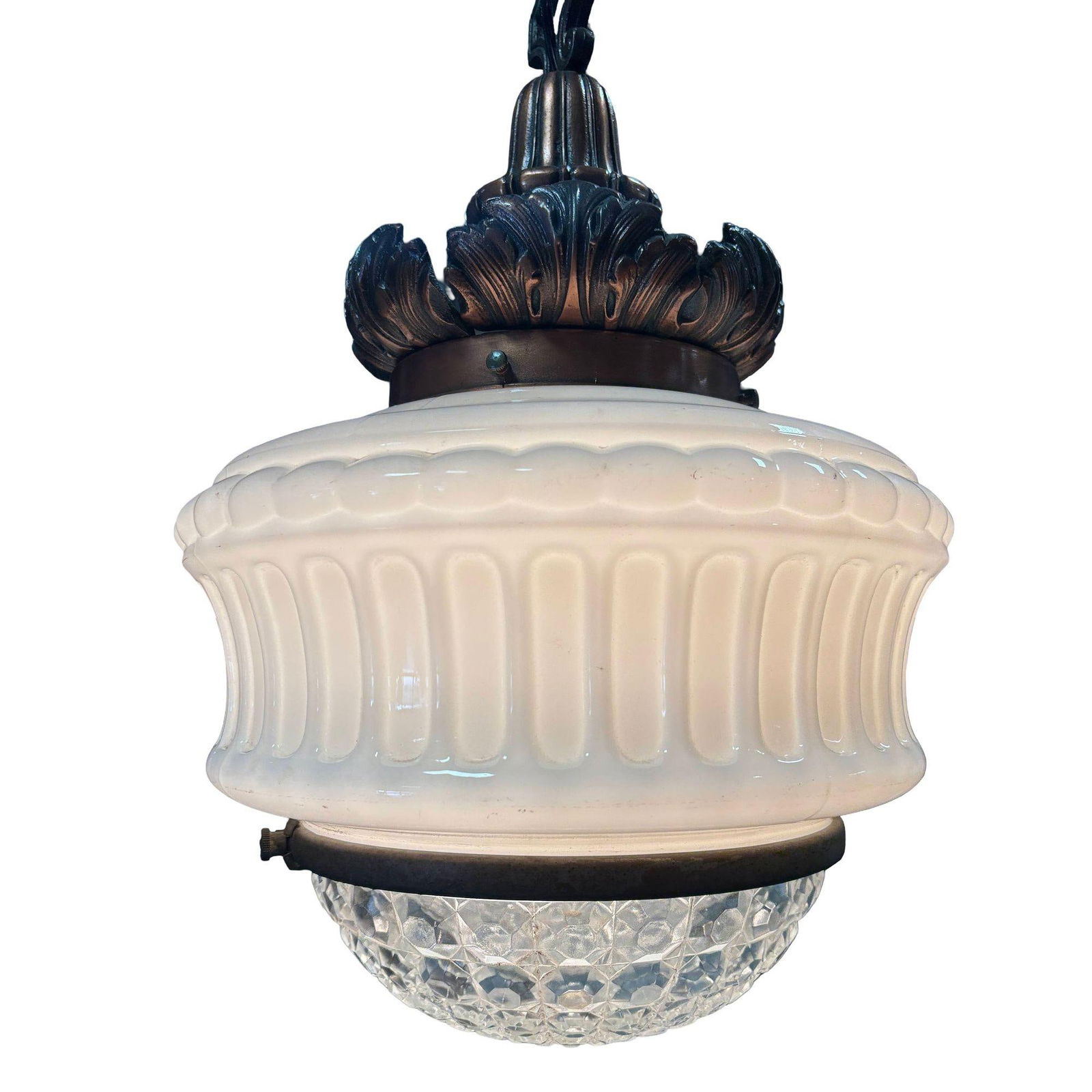 Art Deco Copper Acanthus Leaf Pendant Light w/ Crystal & Milk Glass Acorn Shade - 4