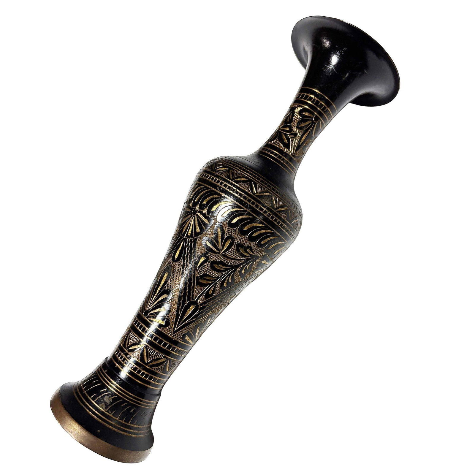 Indian Hand Etched Black Cloisonne Brass Floral Vase - 10
