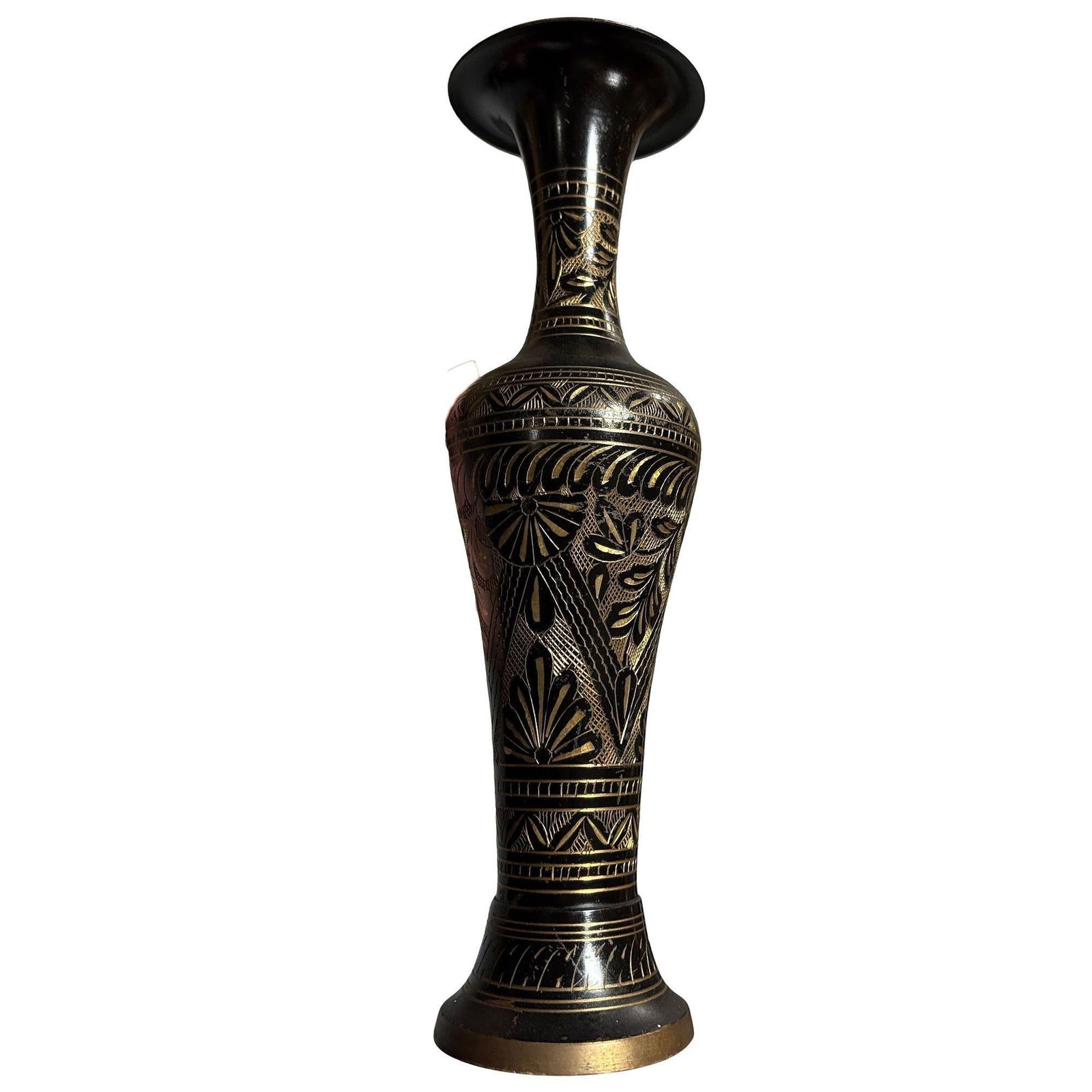Indian Hand Etched Black Cloisonne Brass Floral Vase - 2