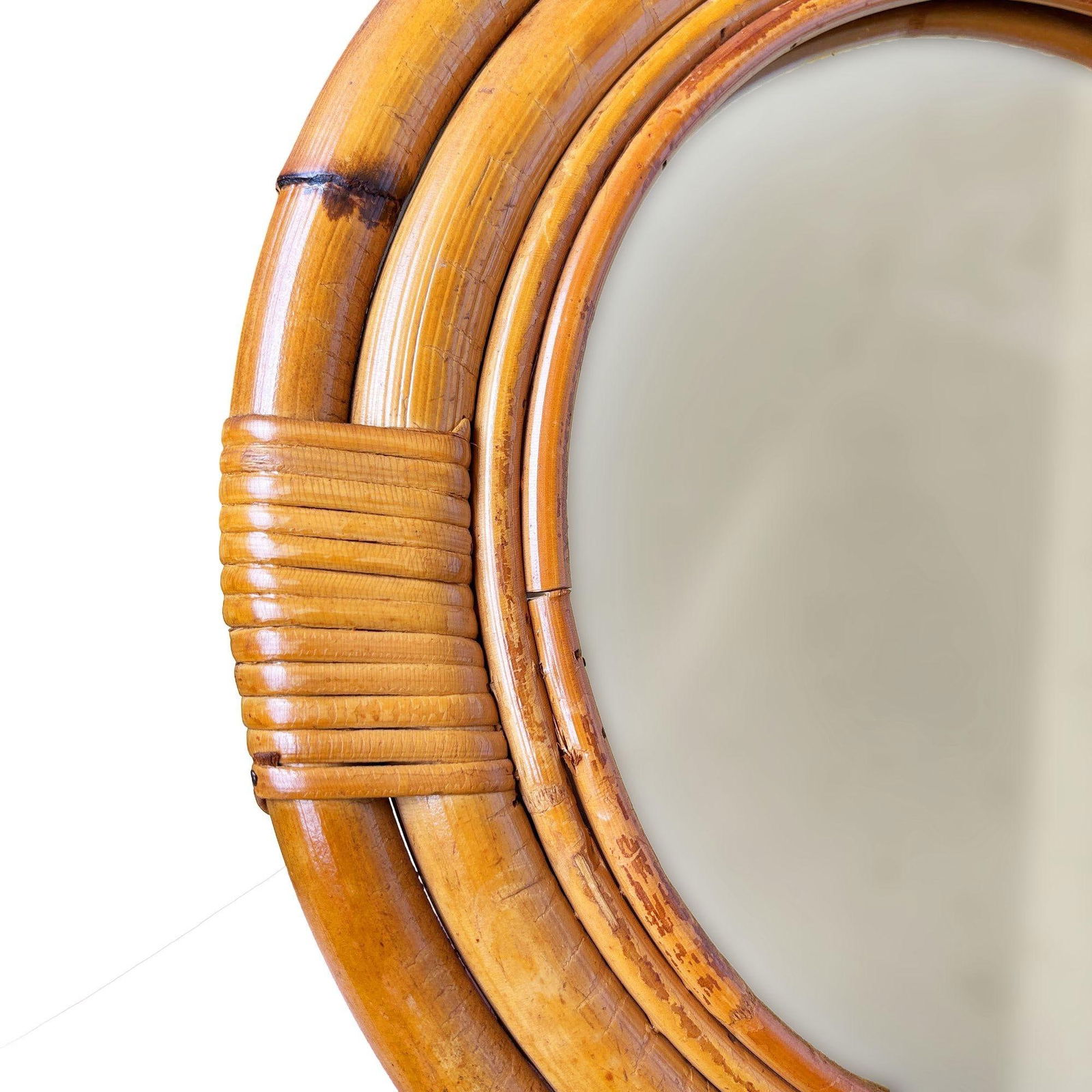 Restored Mid-century 12" Four-Strand Tropical Rattan & Wicker Round Wall Mirror - 12