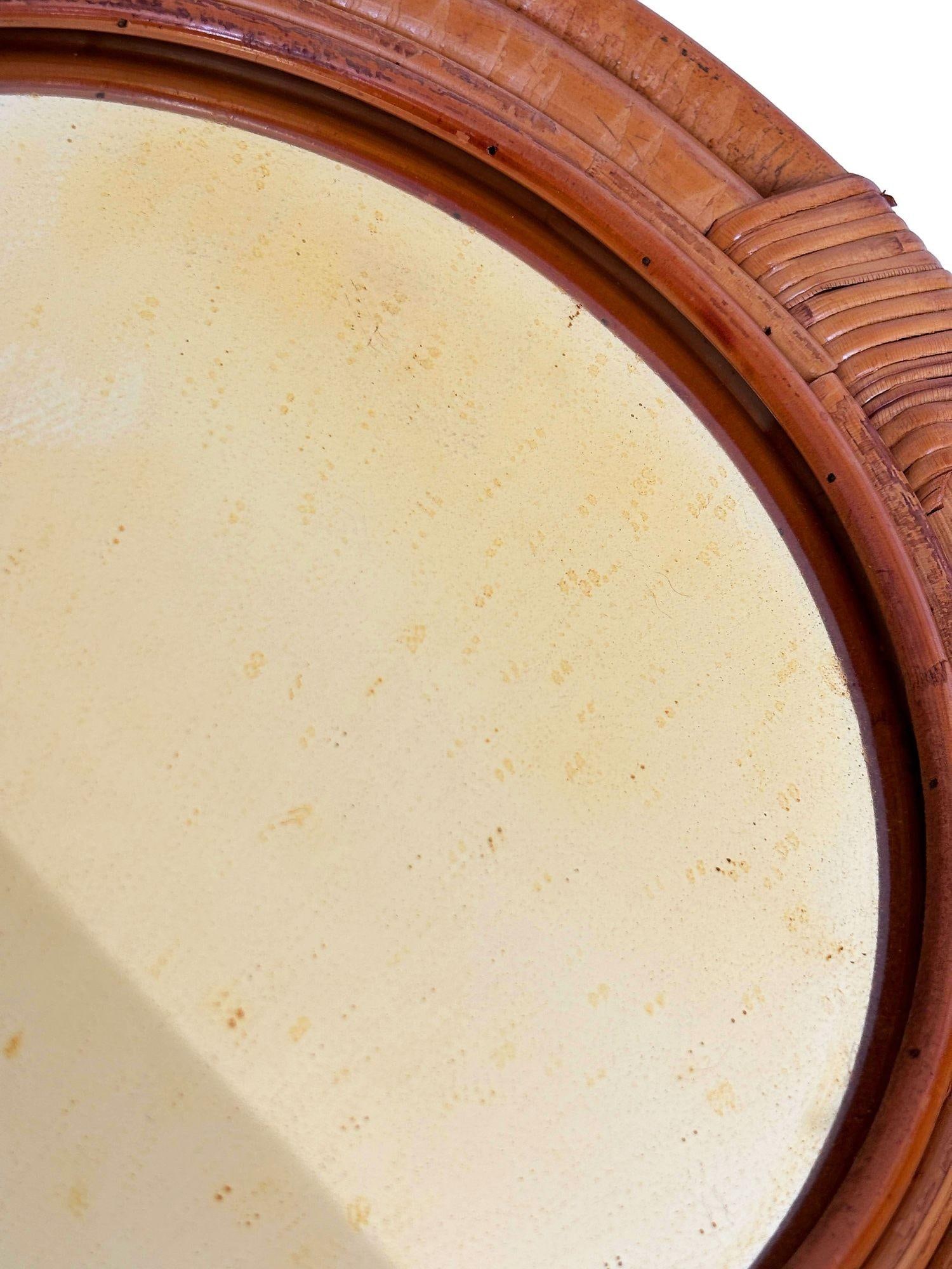 Restored Mid-century 12" Four-Strand Tropical Rattan & Wicker Round Wall Mirror - 17