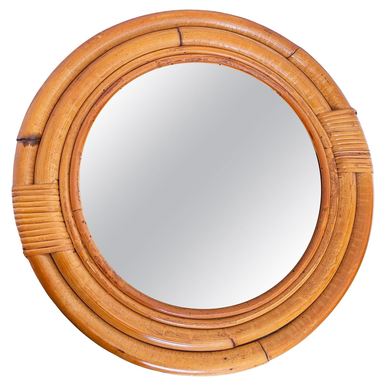 Restored Mid-century 12" Four-Strand Tropical Rattan & Wicker Round Wall Mirror - 7