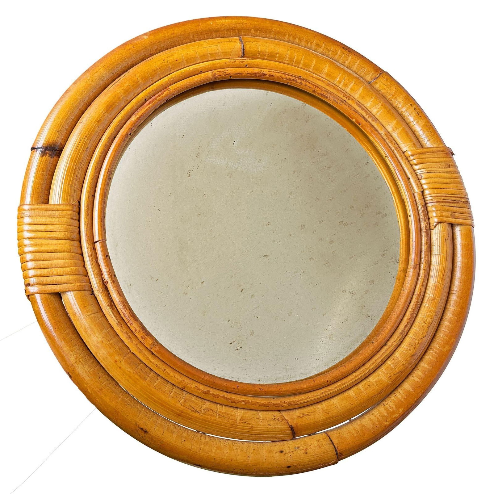 Restored Mid-century 12" Four-Strand Tropical Rattan & Wicker Round Wall Mirror - 9