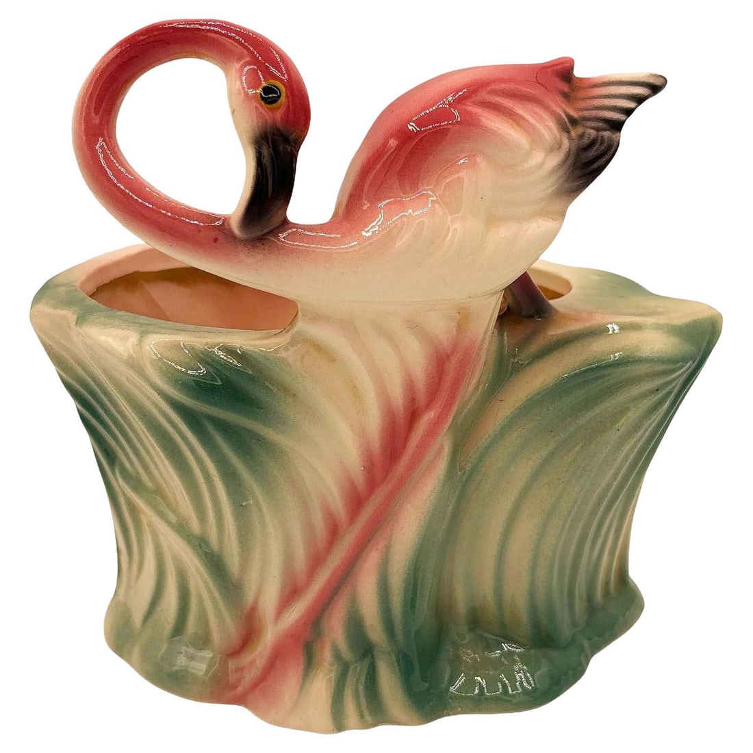 Mid-century Ceramic 445 Pink Flamingo Flower Tabletop Planter by Maddux: Title: Mid-century Ceramic 445 Pink Flamingo Flower Tabletop Planter by Maddux Description: Mid-century pink and green ceramic flamingo tabletop California pottery tabletop planter. The planter