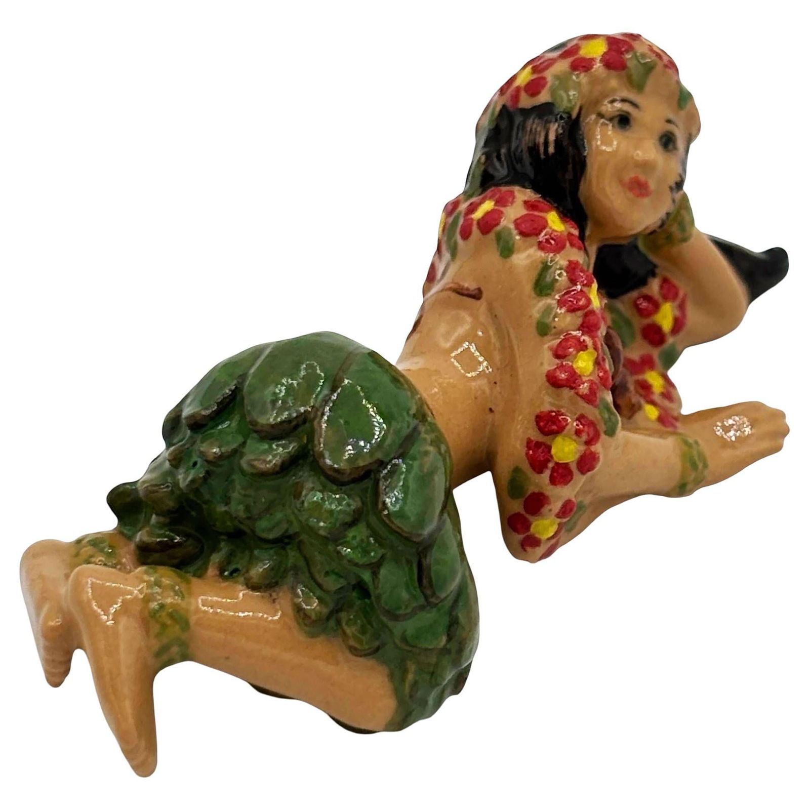 Mid-century Aloha Laying Hula Girl Ceramic Figurine w/ Red Flowers & Skirt - 2