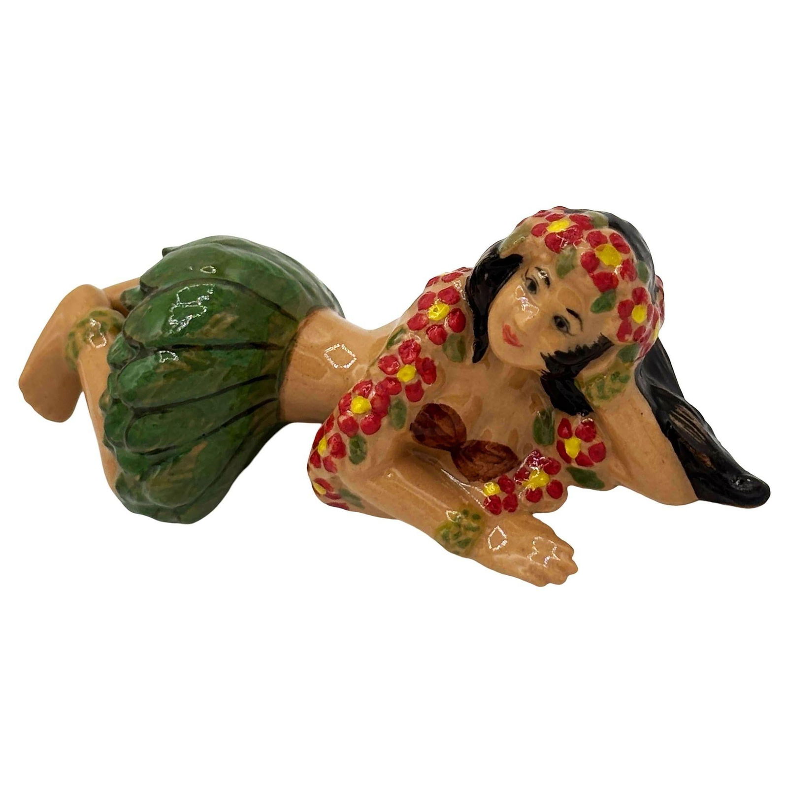 Mid-century Aloha Laying Hula Girl Ceramic Figurine w/ Red Flowers & Skirt - 5