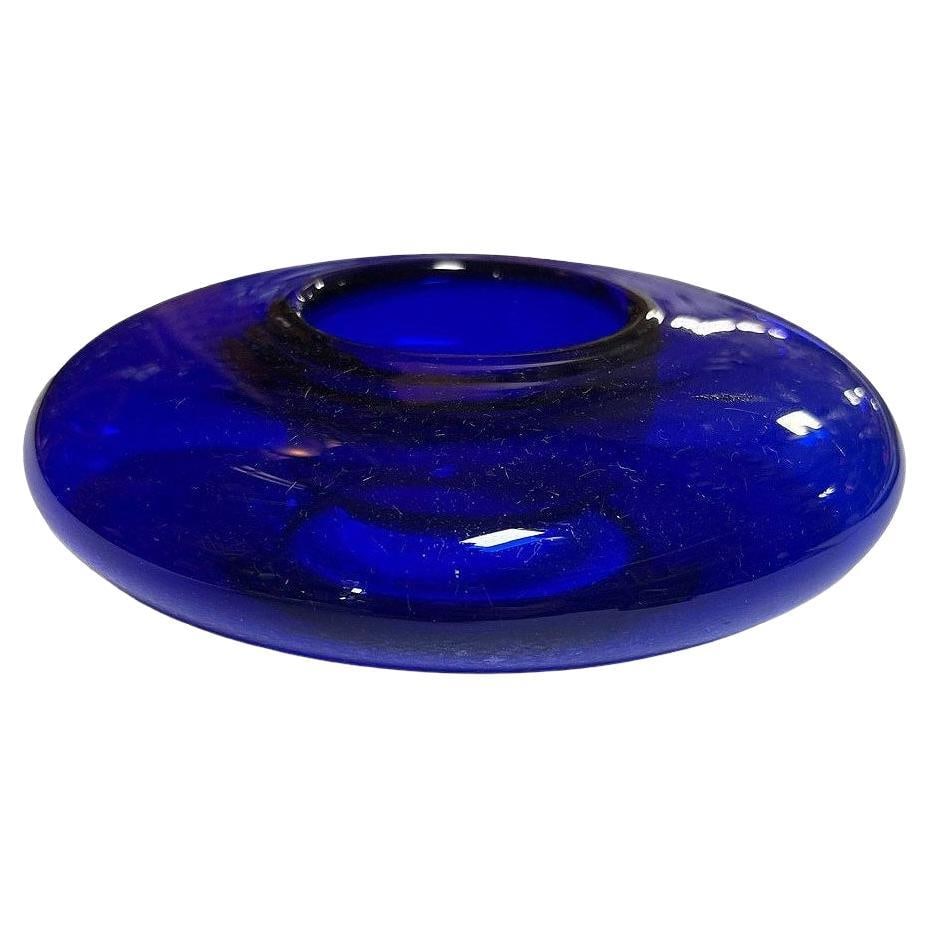 Art Deco Era Hand Blown Cobalt Blue Glass Round Rose Bowl Vase - 2