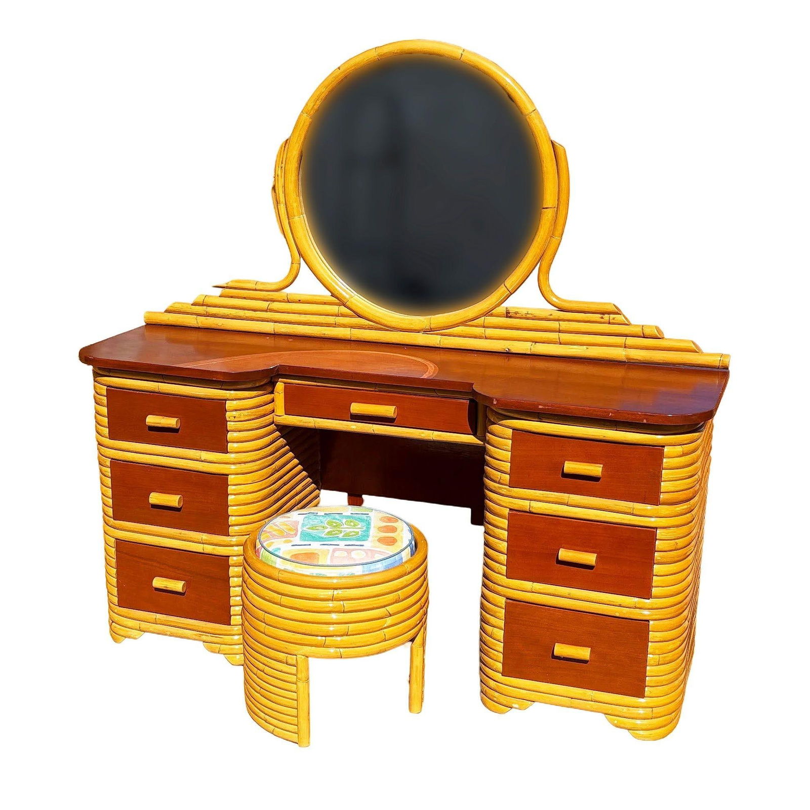 Restored Art Deco Frankl Style Stacked Rattan Vanity w/ Round Mirror & Stool - 8