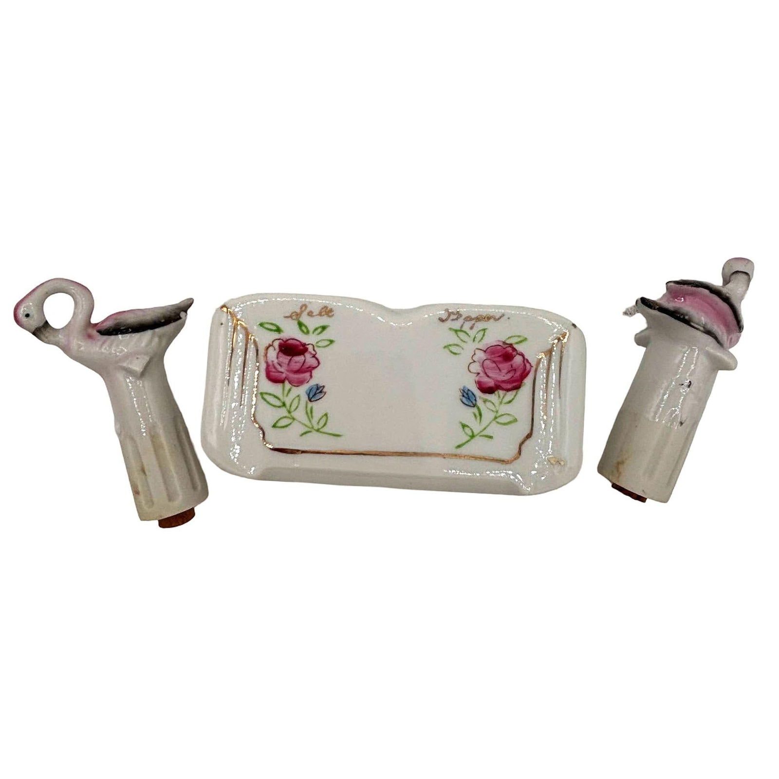 Mid-century Flamingo Ceramic Tabletop Salt & Pepper Shaker Set w/ Base - 10