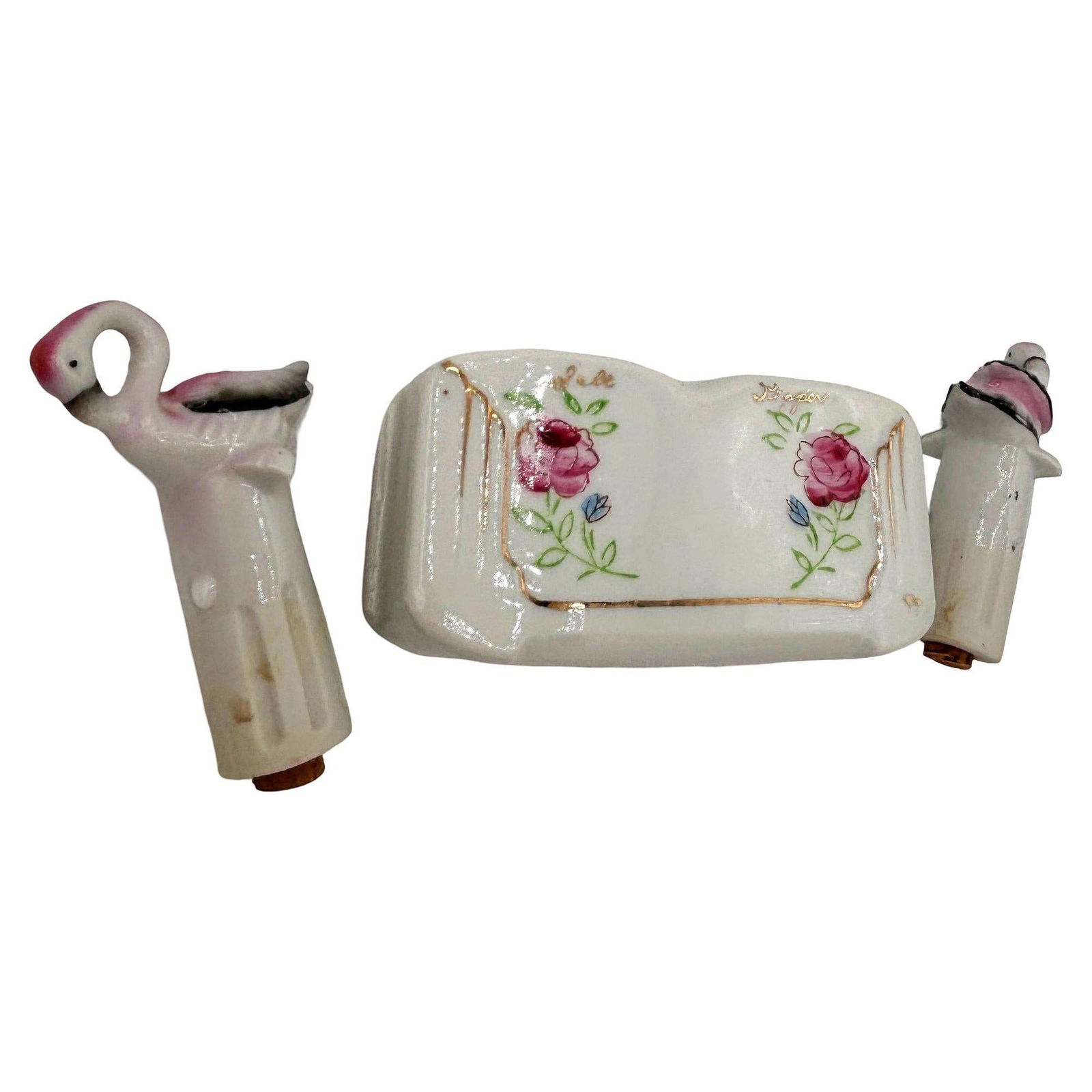 Mid-century Flamingo Ceramic Tabletop Salt & Pepper Shaker Set w/ Base - 11