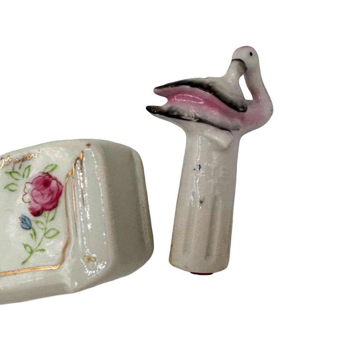 Mid-century Flamingo Ceramic Tabletop Salt & Pepper Shaker Set w/ Base - 12