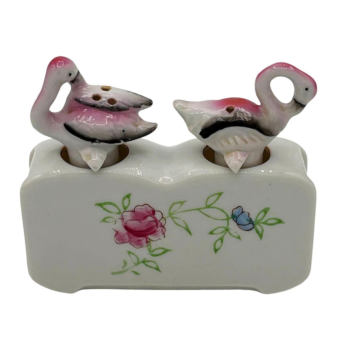 Mid-century Flamingo Ceramic Tabletop Salt & Pepper Shaker Set w/ Base - 14