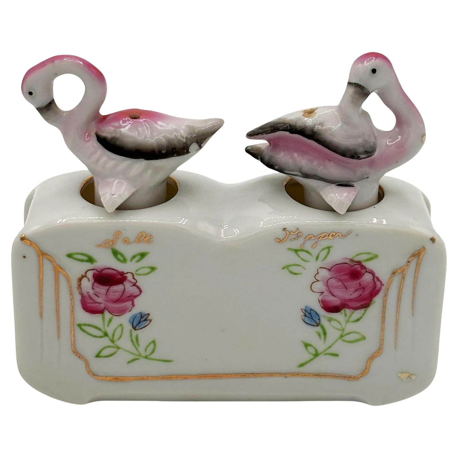 Mid-century Flamingo Ceramic Tabletop Salt & Pepper Shaker Set w/ Base - 7