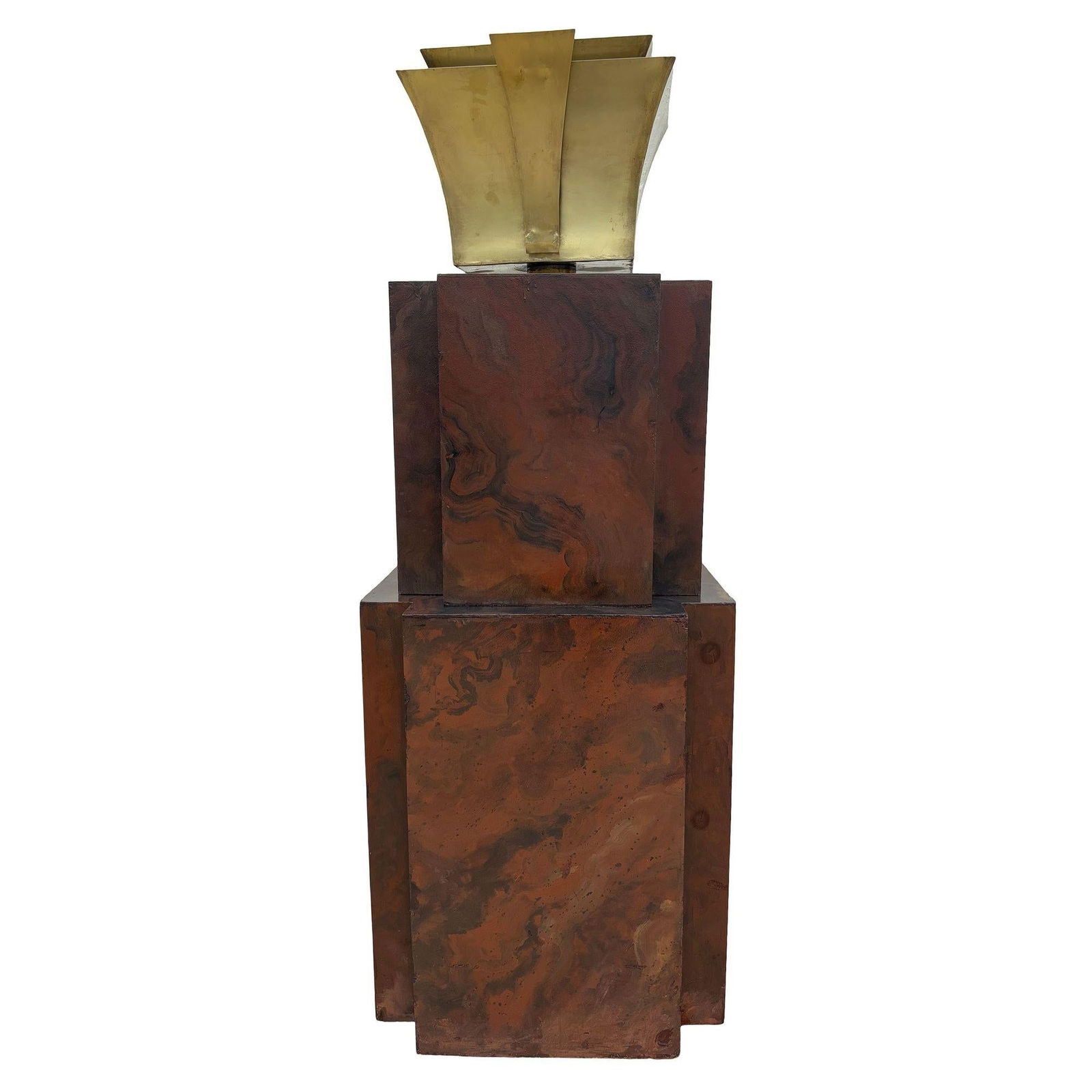 Grand Hollywood Art Deco Style Wood & Brass 9' Tall Torchiere Floor Lamp, Pair - 11