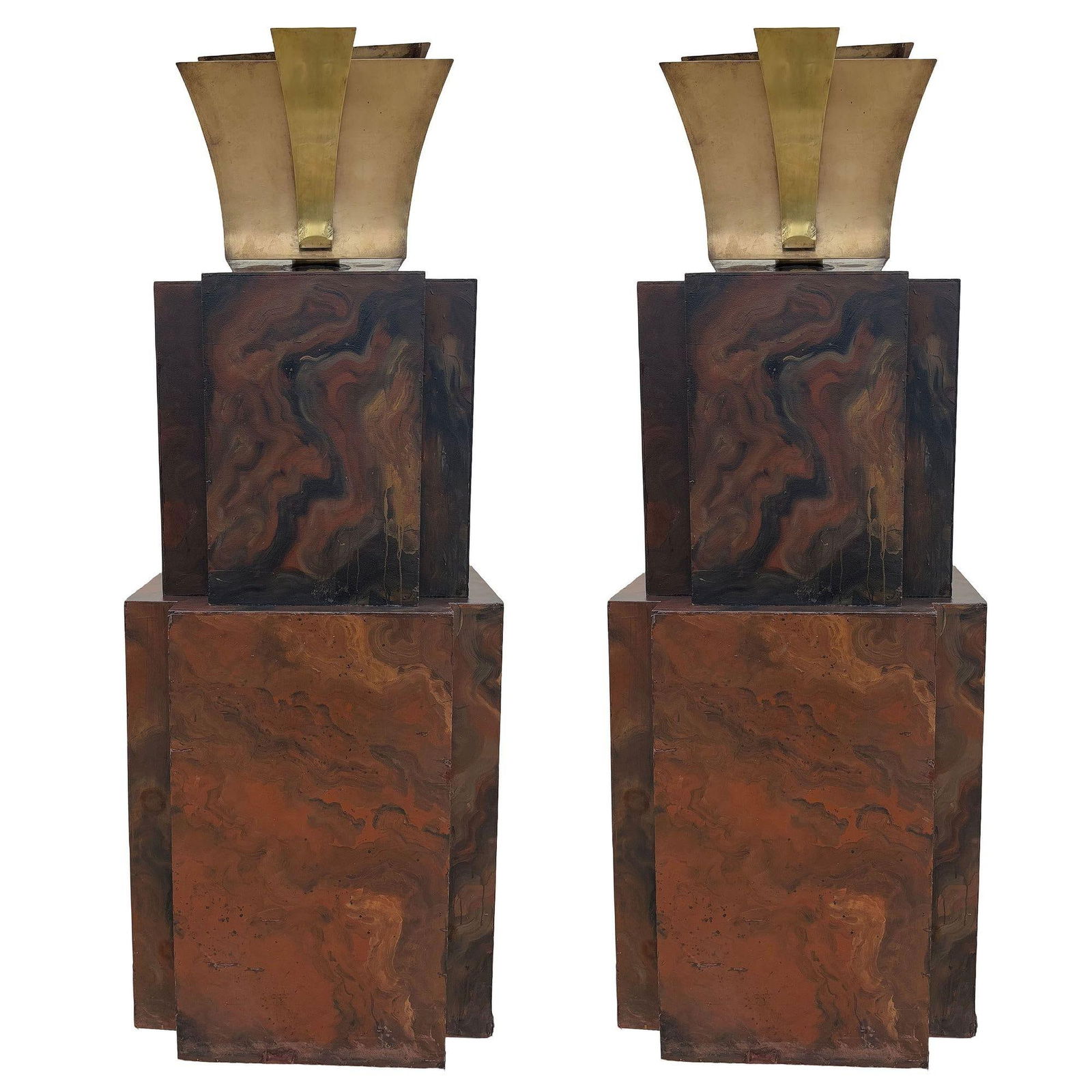 Grand Hollywood Art Deco Style Wood & Brass 9' Tall Torchiere Floor Lamp, Pair - 8